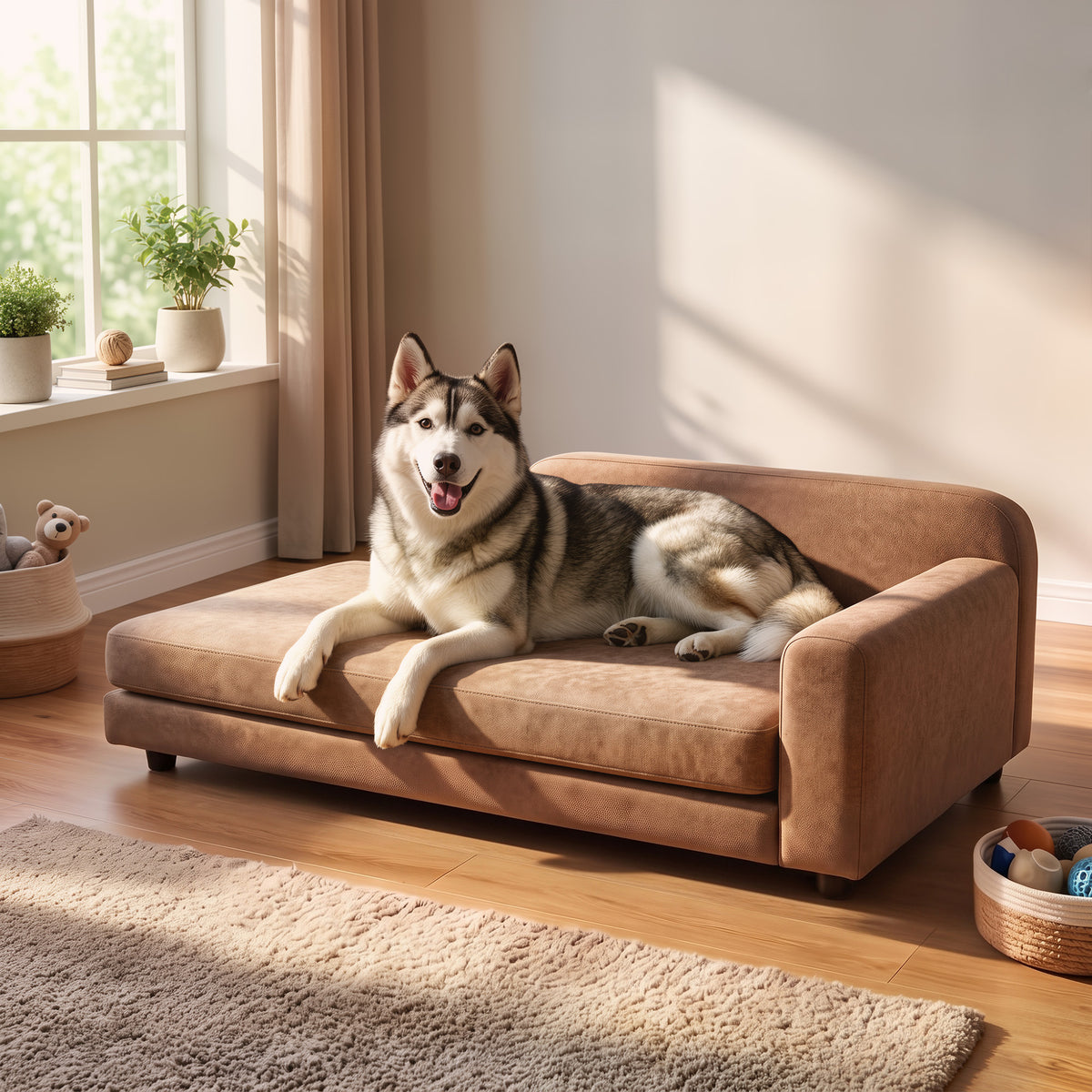 Dog Bed for Large Breeds, Soft Velvet Dog Couch with Removable Cushion, Backrest, Armrest and Low Feet, Brown