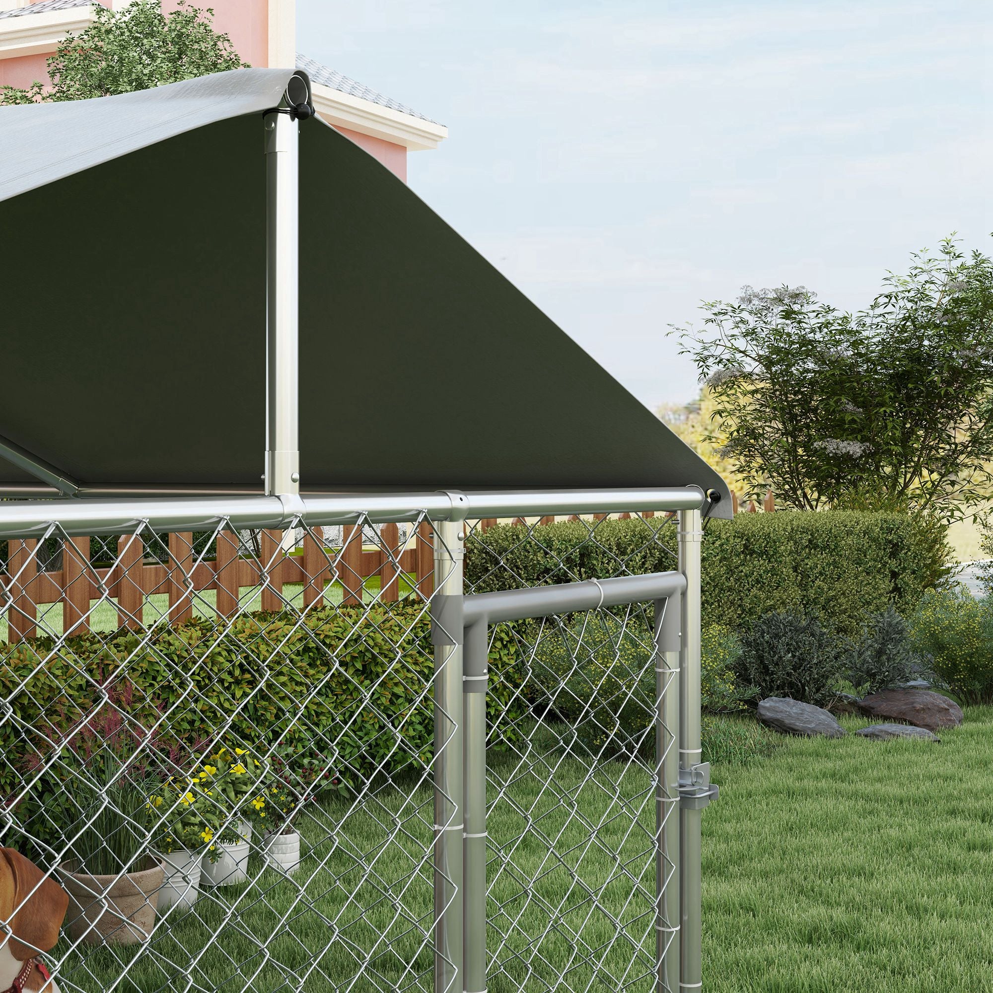 6.6' x 6.6' x 4.9' Dog Kennel Outdoor for Small Medium Dogs with Waterproof Roof, Silver - Silver - Image 8
