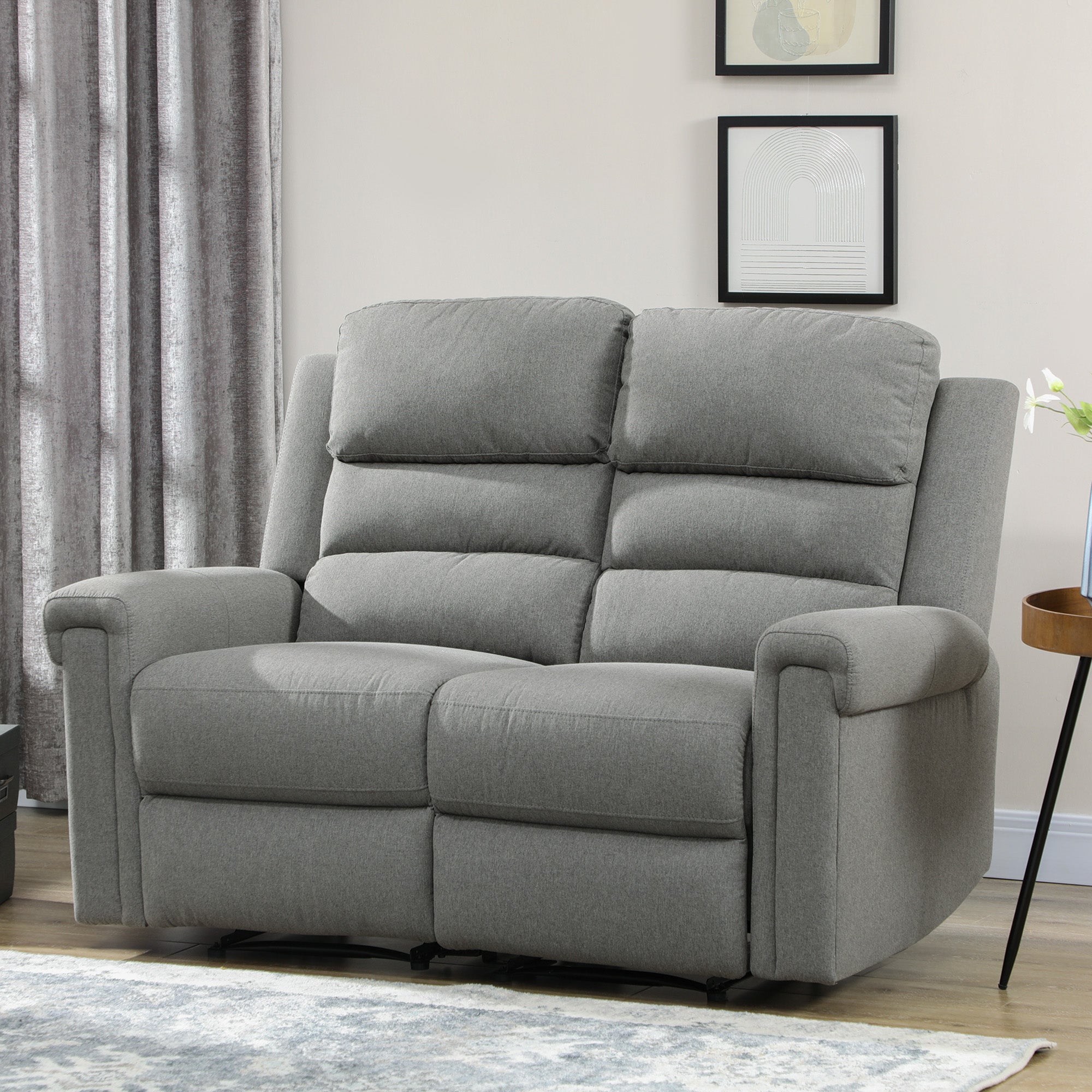 Fabric Reclining Sofa, 2 Seater Recliner Sofa with Manual Pull Tab, RV Couch, Home Seating, Gray