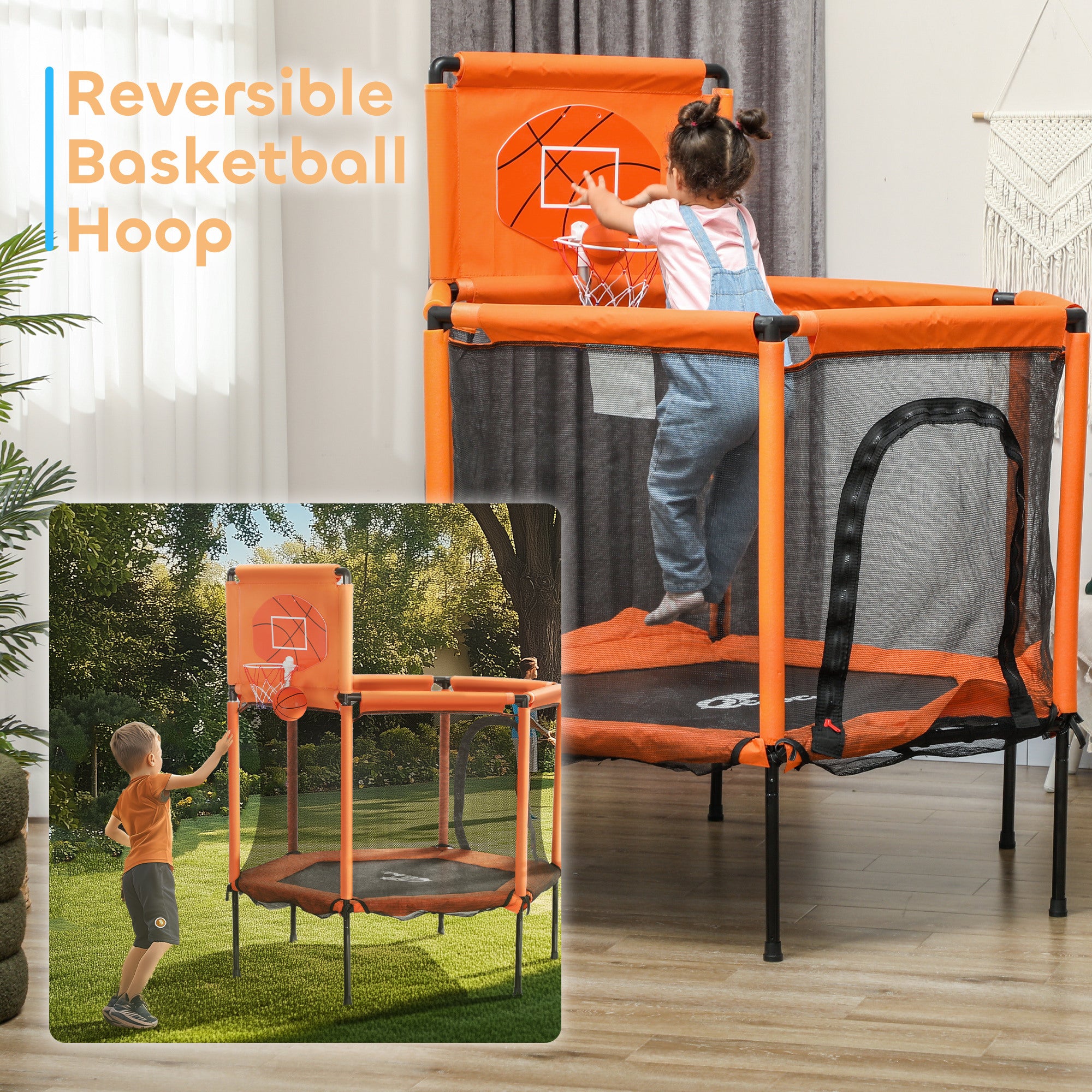 48" Kids Trampoline with Safety Enclosure Net, Basketball Hoop for Ages 3-6, Gifts for Boys & Girls, Orange