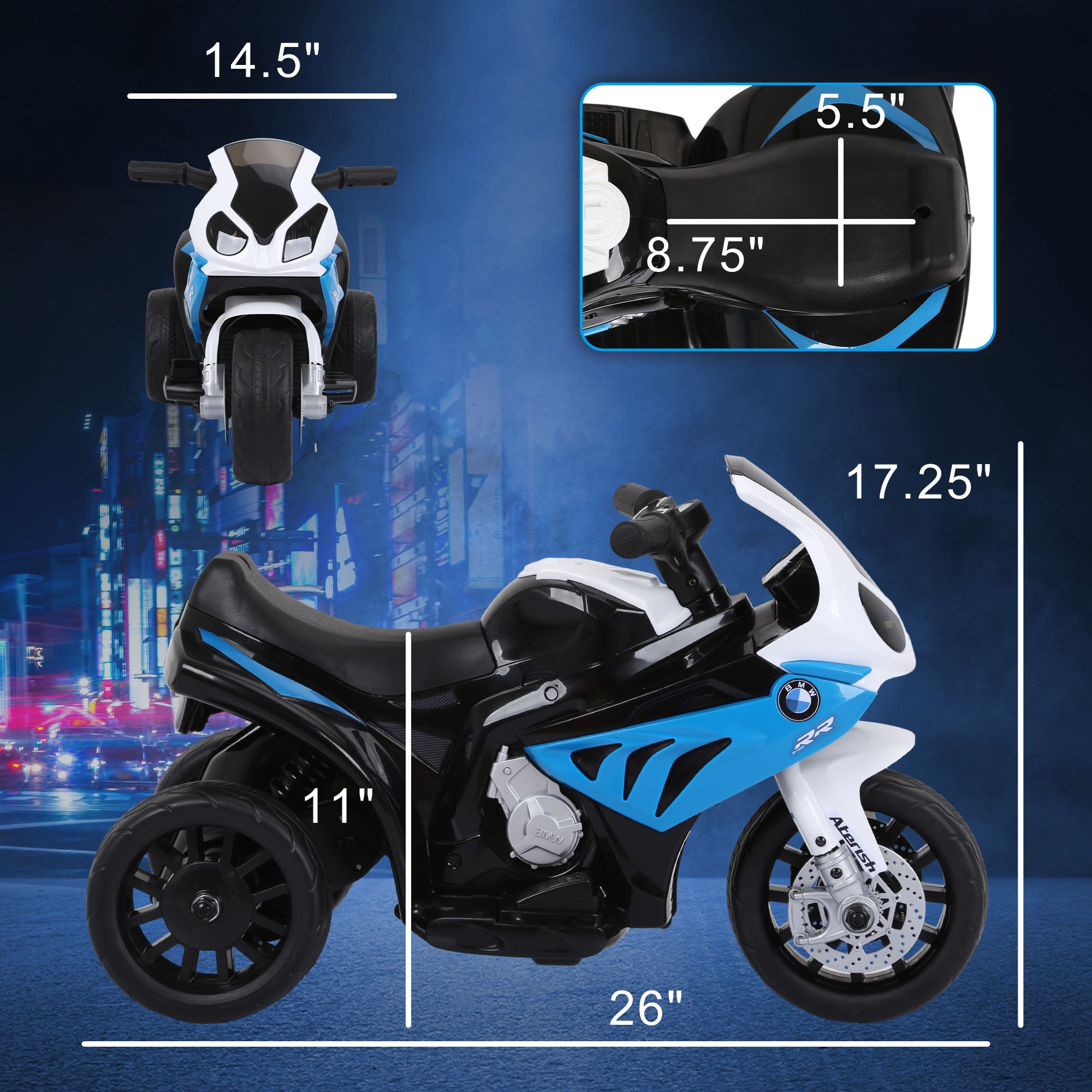 6V 3 Wheeled Electric Motorcycle, Kids Motorcycle Licensed BMW with Headlight, Music, Blue