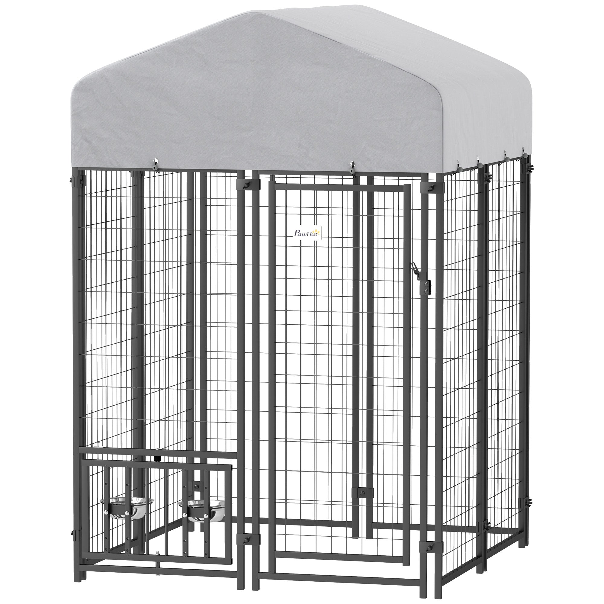 Welded Wire Outdoor Dog Kennel with 360° Rotating & 4 Levels Adjustable Bowls, Waterproof Cover, 3.9' x 3.9' x 6' - Silver