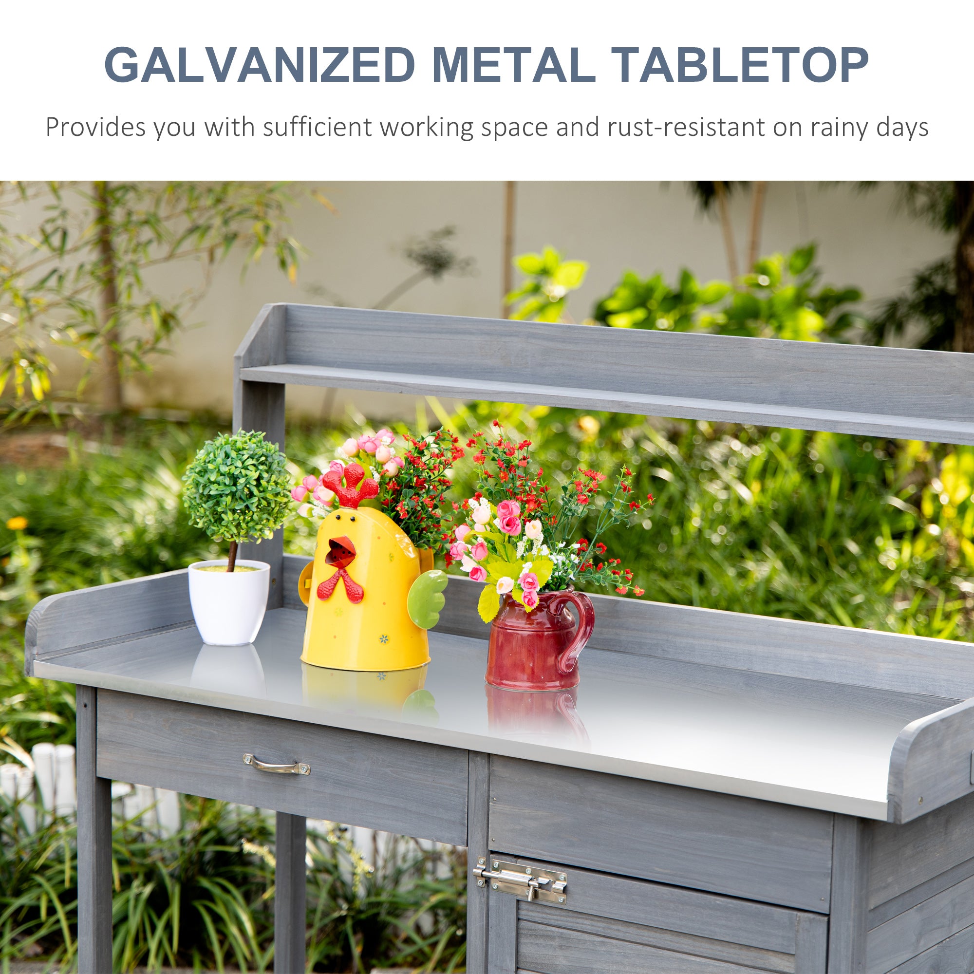 Outdoor Potting Bench Table, Garden Work Station with Storage Cabinet, Open Shelf and Steel Tabletop, Gray - Grey - Image 4