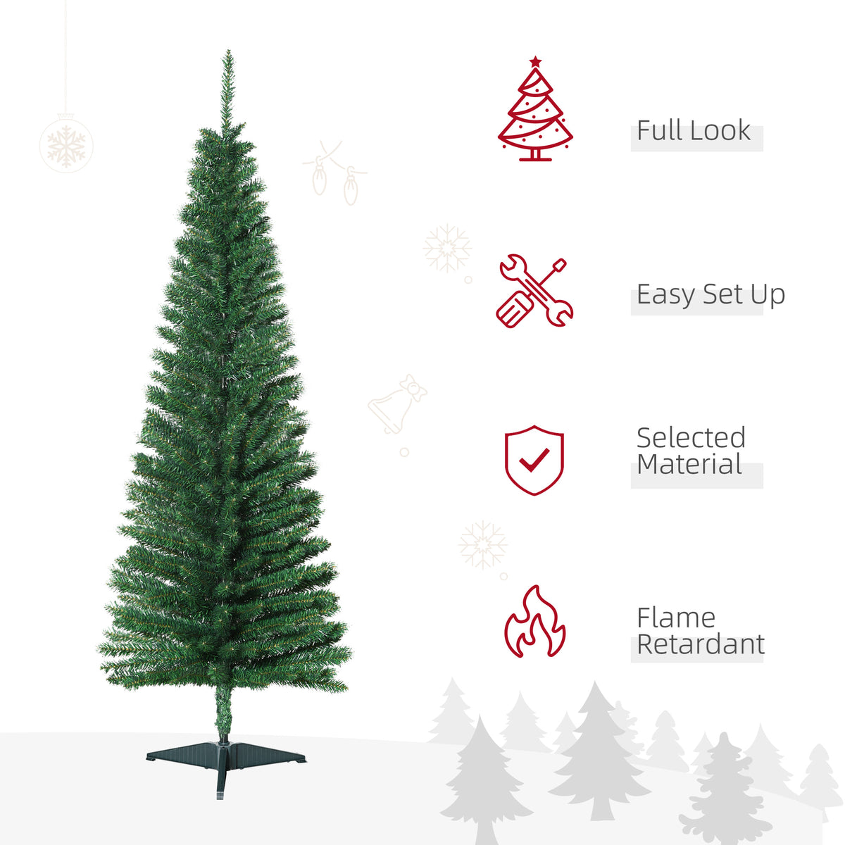 5' Artificial Pencil Christmas Tree, Slim Xmas Tree with 294 Realistic Branch Tips and Plastic Stand, Green