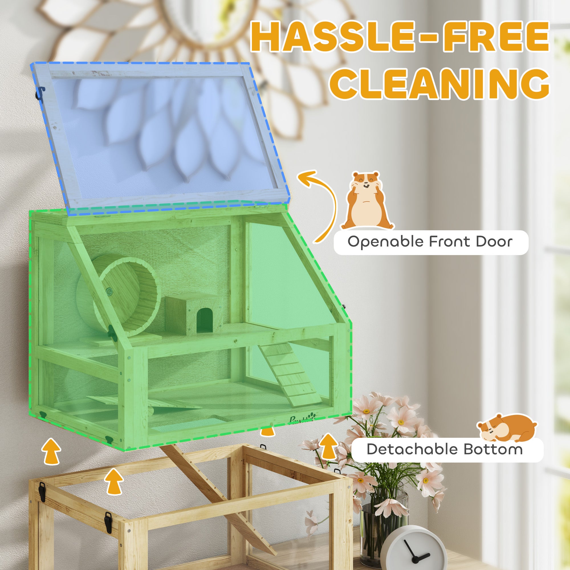 3 Tier Wooden Hamster Cage w/ Detachable Bottom, Hut, Seesaw, Exercise Wheel, Ramps, 24" x 16" x 29.5" - Natural Wood - Image 6