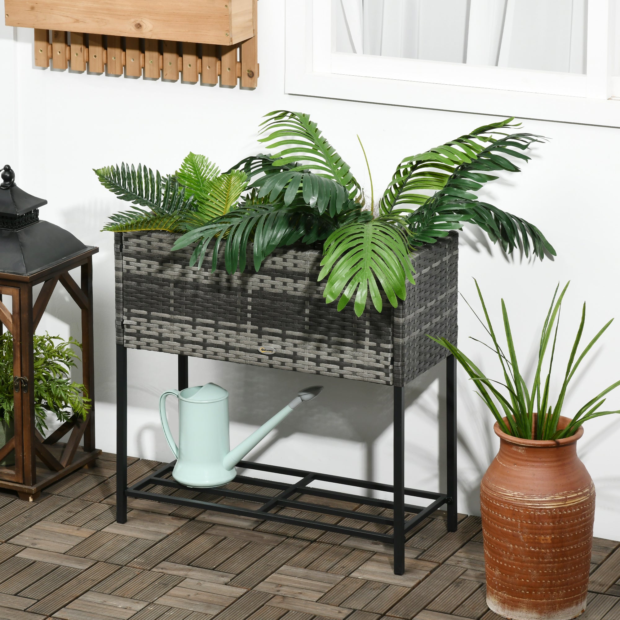 Raised Garden Bed, Elevated Planter Box with Rattan Wicker Look, Tool Storage Shelf, Portable Design for Herbs, Vegetables, Flowers, Gray - Gray - Image 2