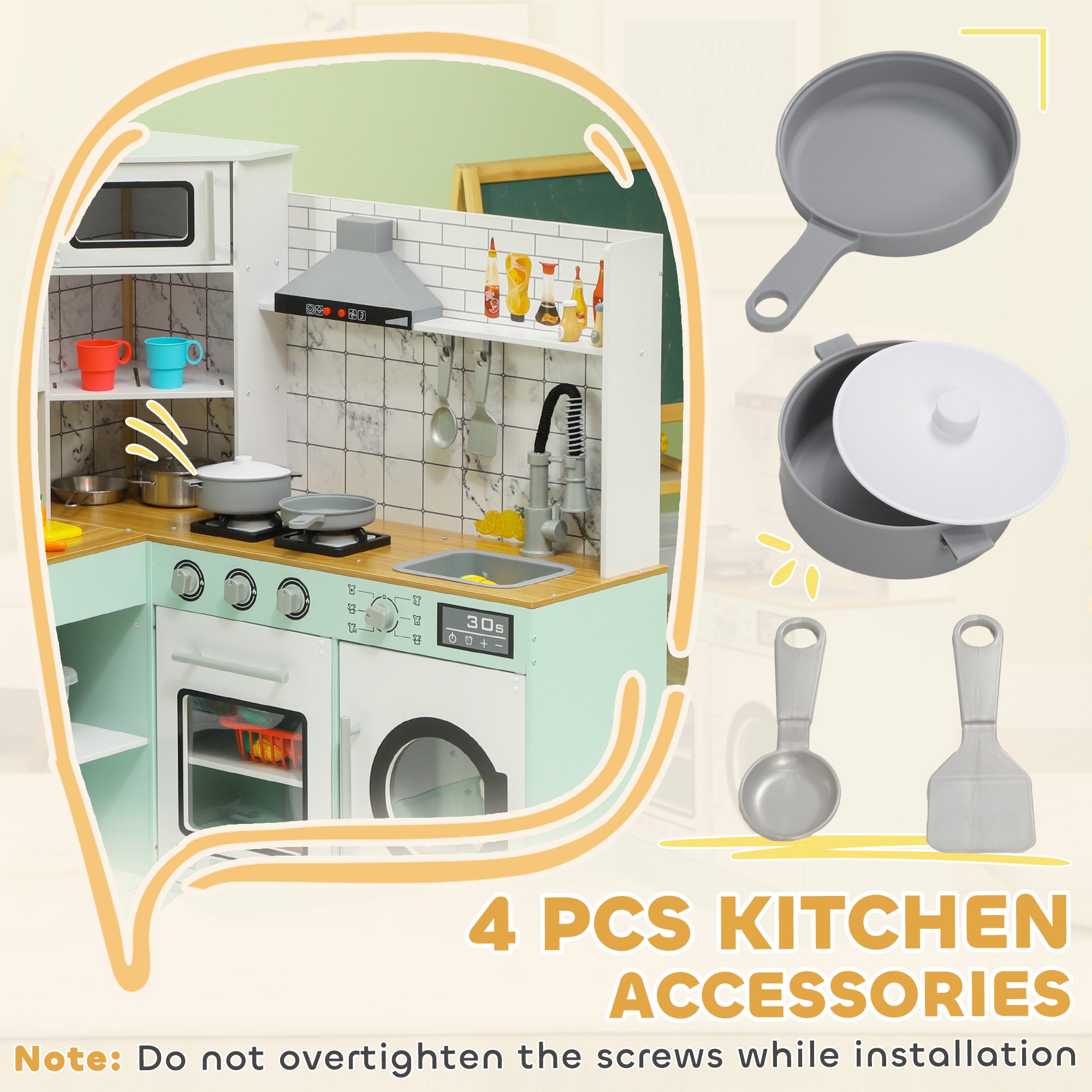 Play Kitchen, Corner Kids Kitchen Playset w/ Chalkboard, Range Hood, Ice Maker, Stove, Microwave, Sound & Lights