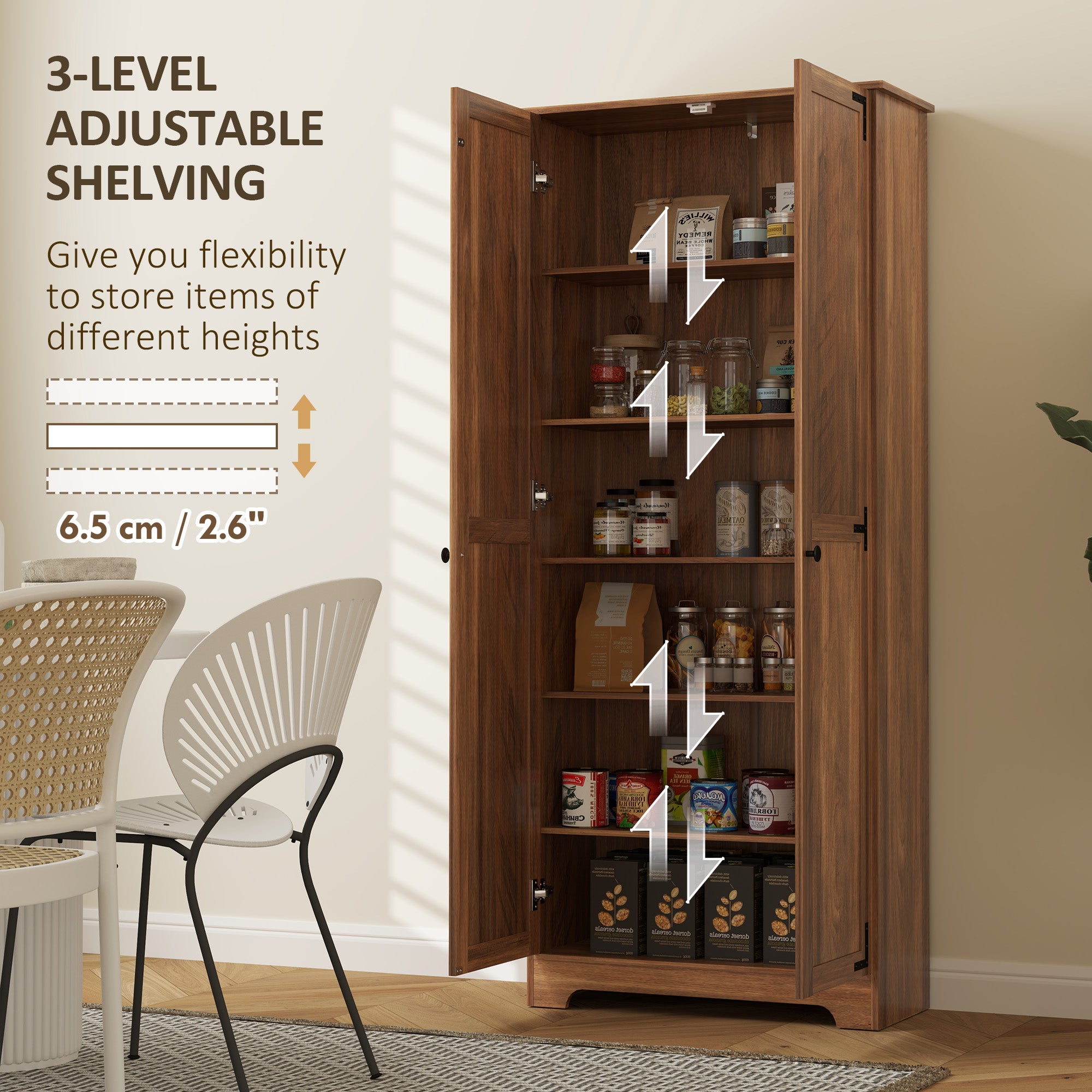 72" Farmhouse Pantry Cabinet, Freestanding Food Pantry Cabinet with Adjustable Shelves, Brown