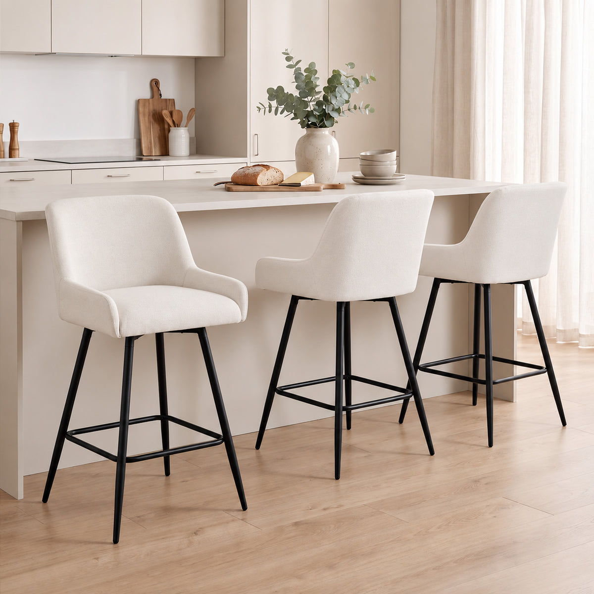 Kitchen Island Chairs Counter Height Bar Stools with Swivel Linen Seat and Footrest, Cream White