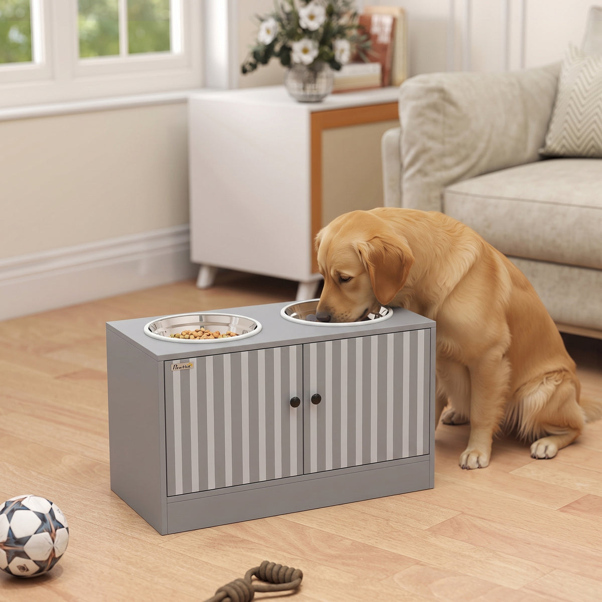 Elevated Dog Bowls with Storage Cabinet, 2 Stainless Steel Bowls, Slow Feeder, Dog Feeding Station for Large Dogs, Gray