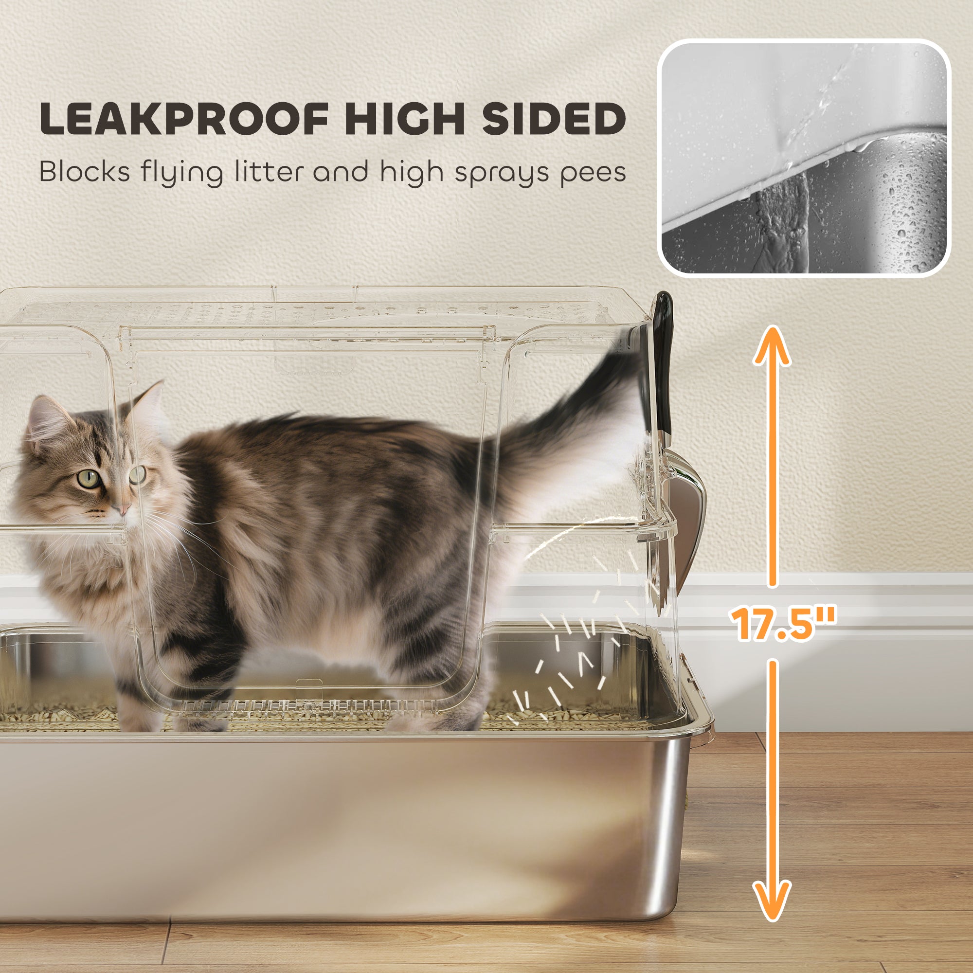 XL Stainless Steel Litter Box w/ 100° Flip Top, Scoop, Step, Top & Side Entry Enclosed Litter Box for Big Cats - Light Gray - Image 8