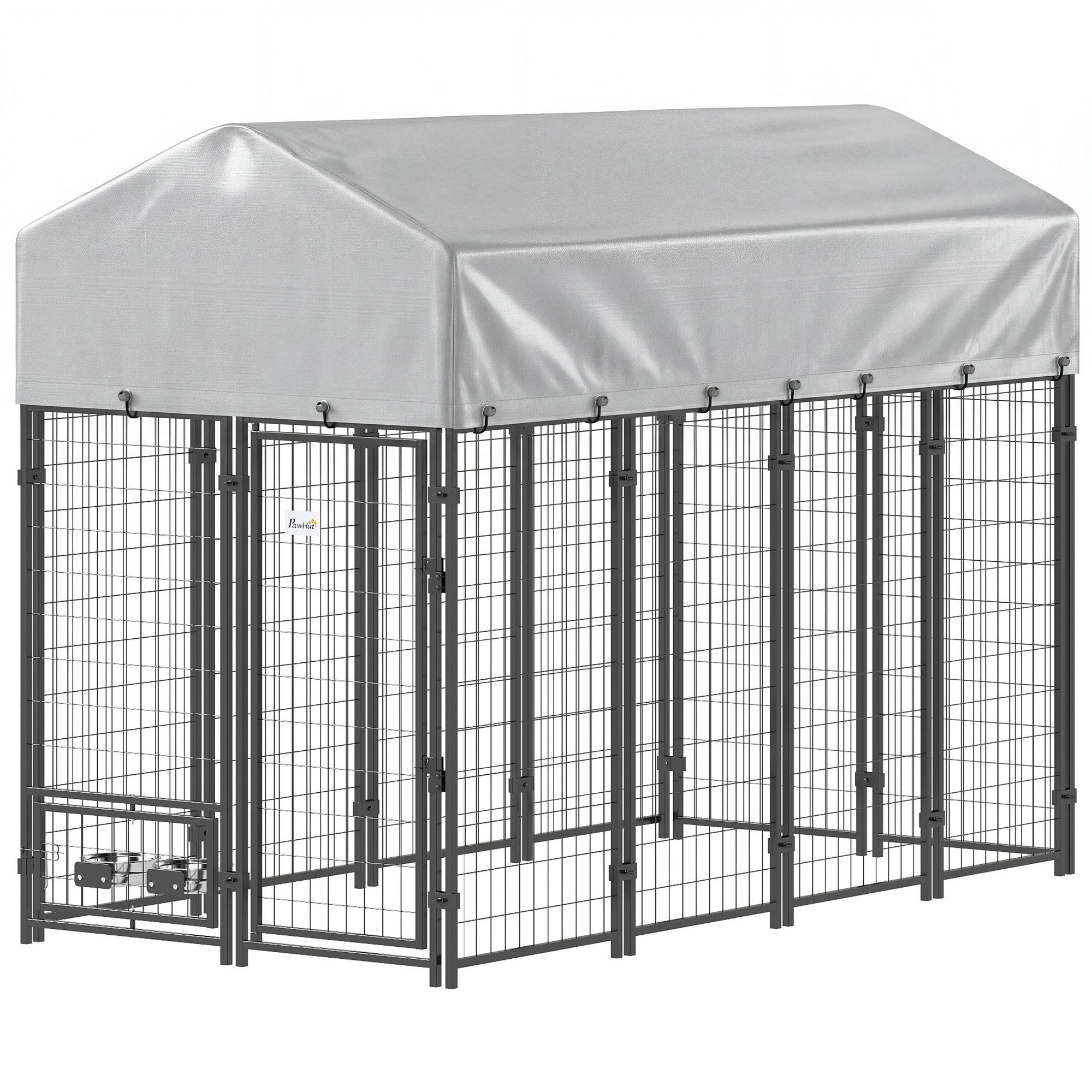 8' x 4' x 6' Outdoor Dog Kennel, Dog Kennel Outside Run with 360° Rotating Bowls, Waterproof & UV Resistant Cover - Silver