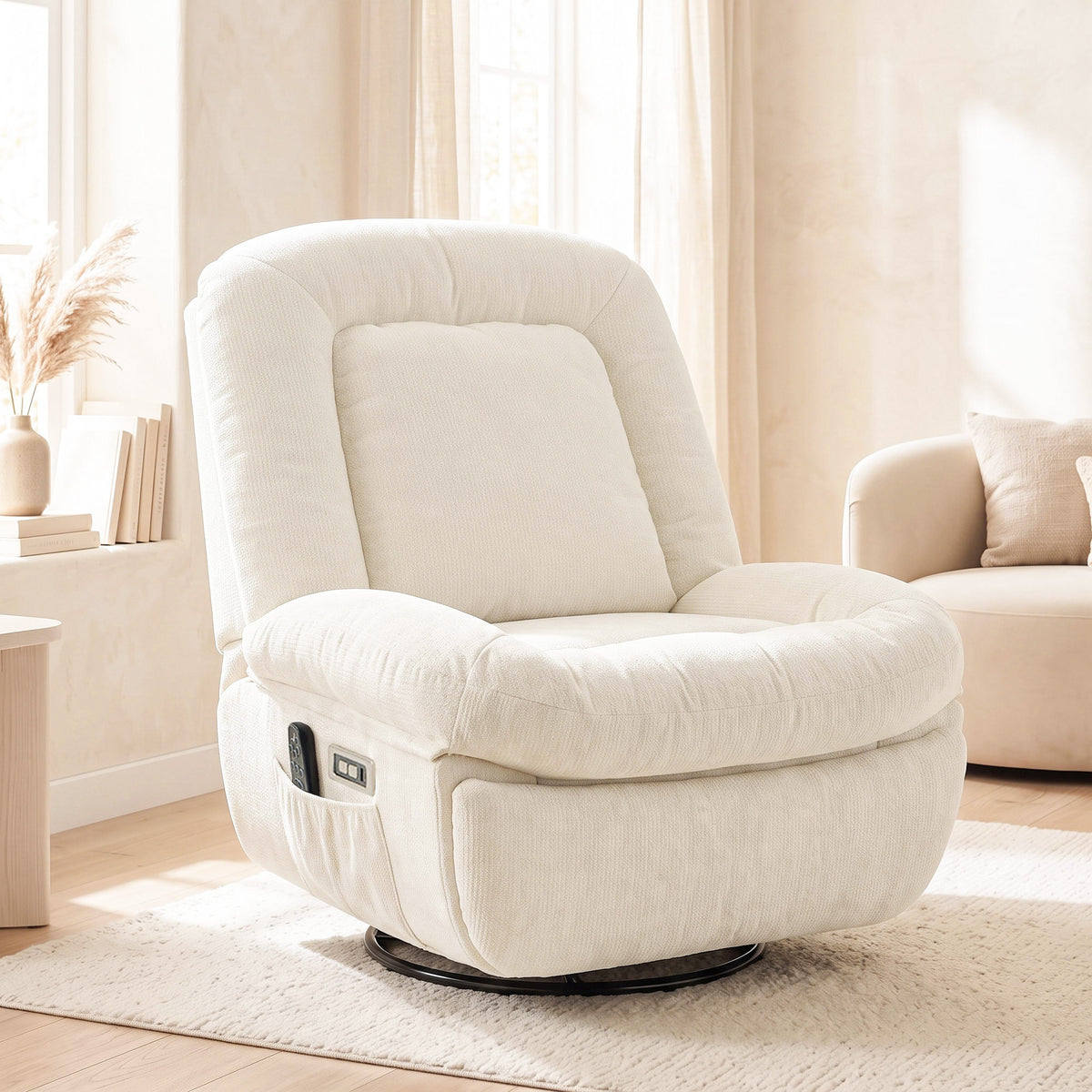 Oversized Power Recliner Chair with Massage and Heat, USB Port, Overstuffed Chenille Swivel Rocker Recliner, Cream White