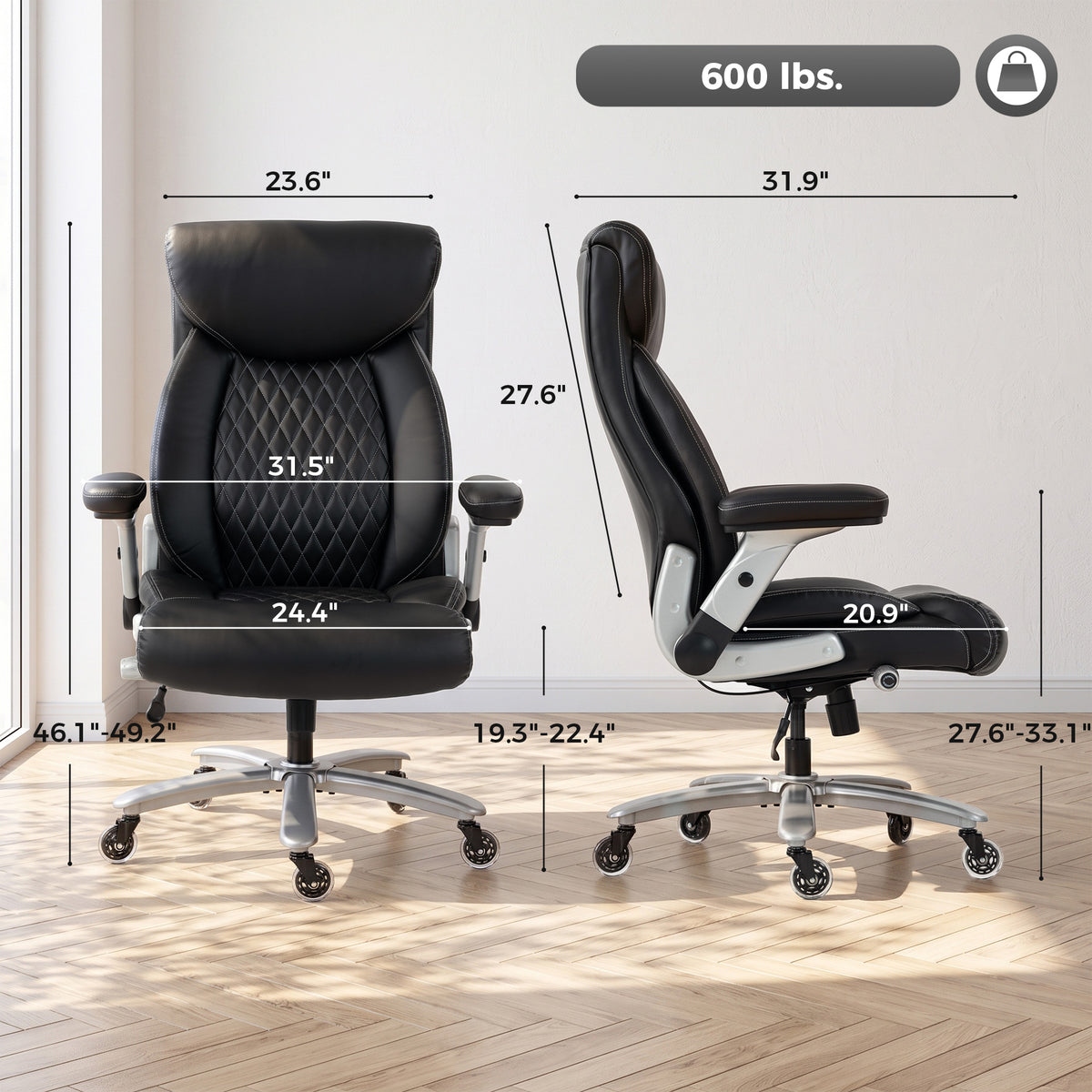Ergonomic Office Chair with Inflatable Lumbar Support, 600 lbs, Heavy Duty Desk Chair, BIFMA, Flip-Up Arms
