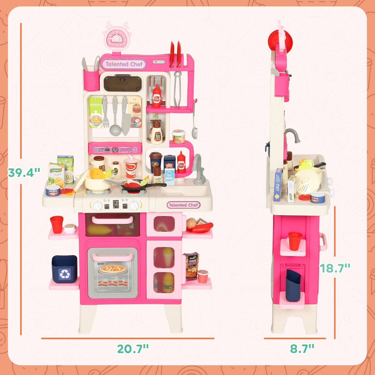 Qaba Pretend Play Kitchen Set with Realistic Lights & Sounds, 104PCS Toy Kitchen Accessories for Boys and Girls, Pink