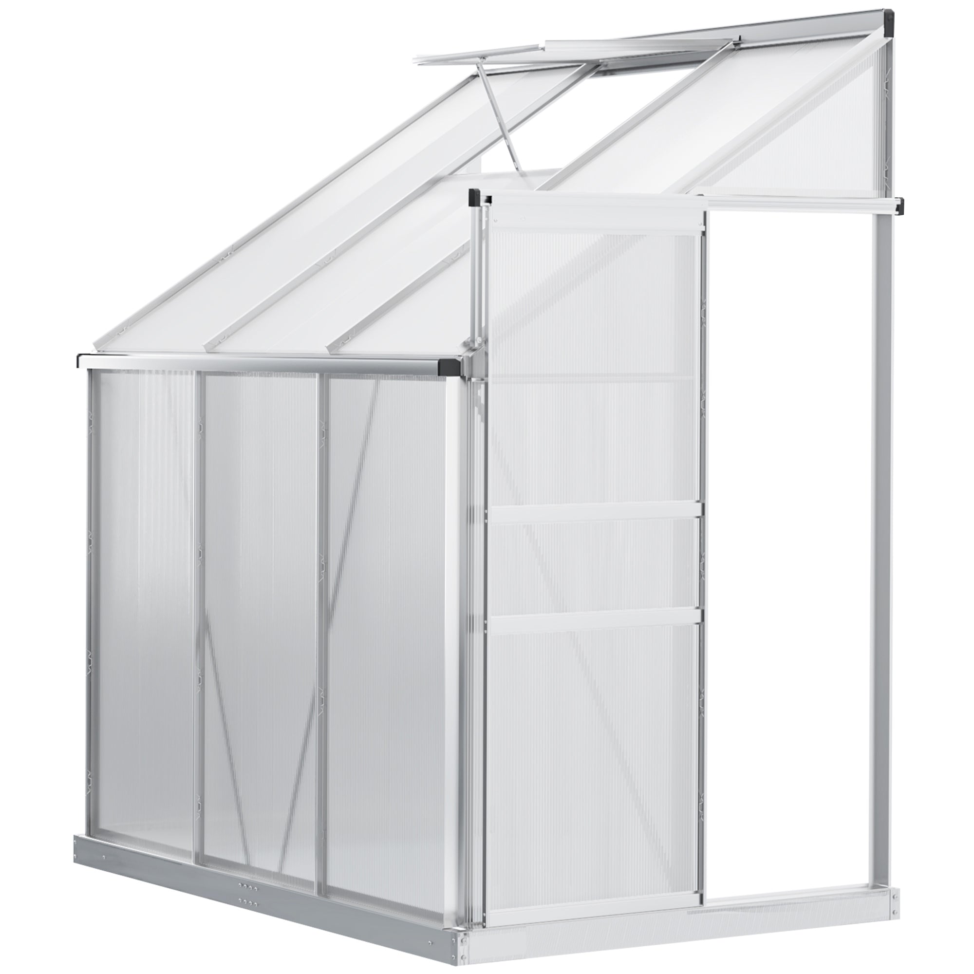 6' x 4' Aluminum Lean-to Greenhouse Polycarbonate Walk-in Garden Greenhouse with Adjustable Roof Vent, Rain Gutter and Sliding Door for Winter, Clear - Clear