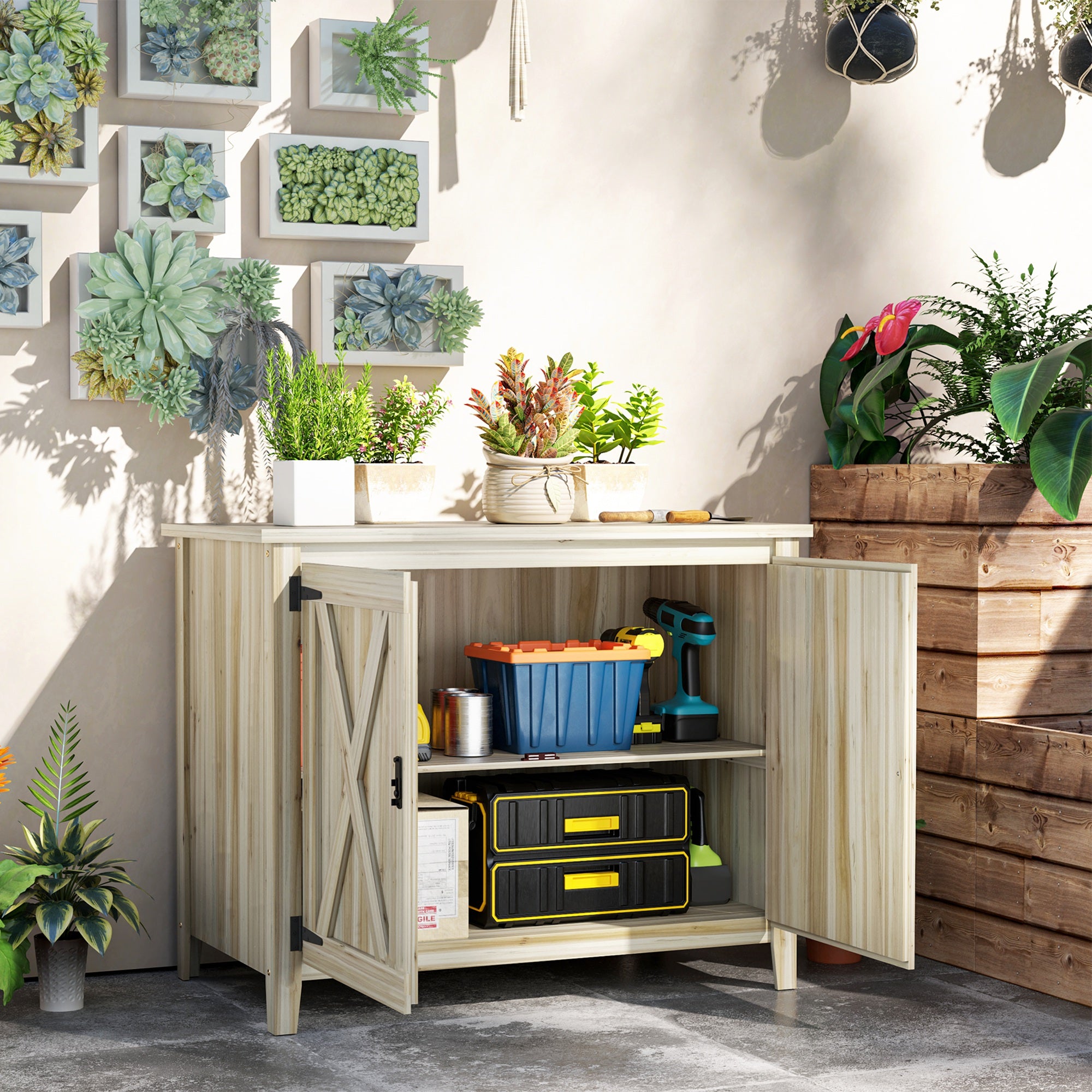Wooden Outdoor Storage Cabinet, Garden Shed Potting Shed with Shelf and Double Doors, Natural Wood - Natural Wood - Image 8