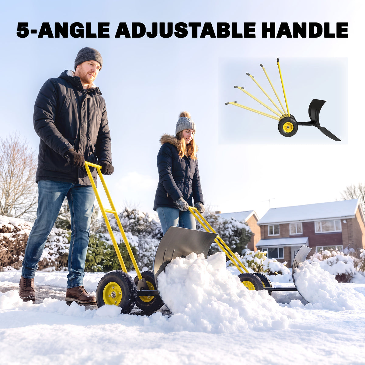 Snow Shovel with Wheels, 29" Metal Snow Pusher with Adjustable Handle, 7-Angle Blade, Wear Strip for Driveway, Yellow