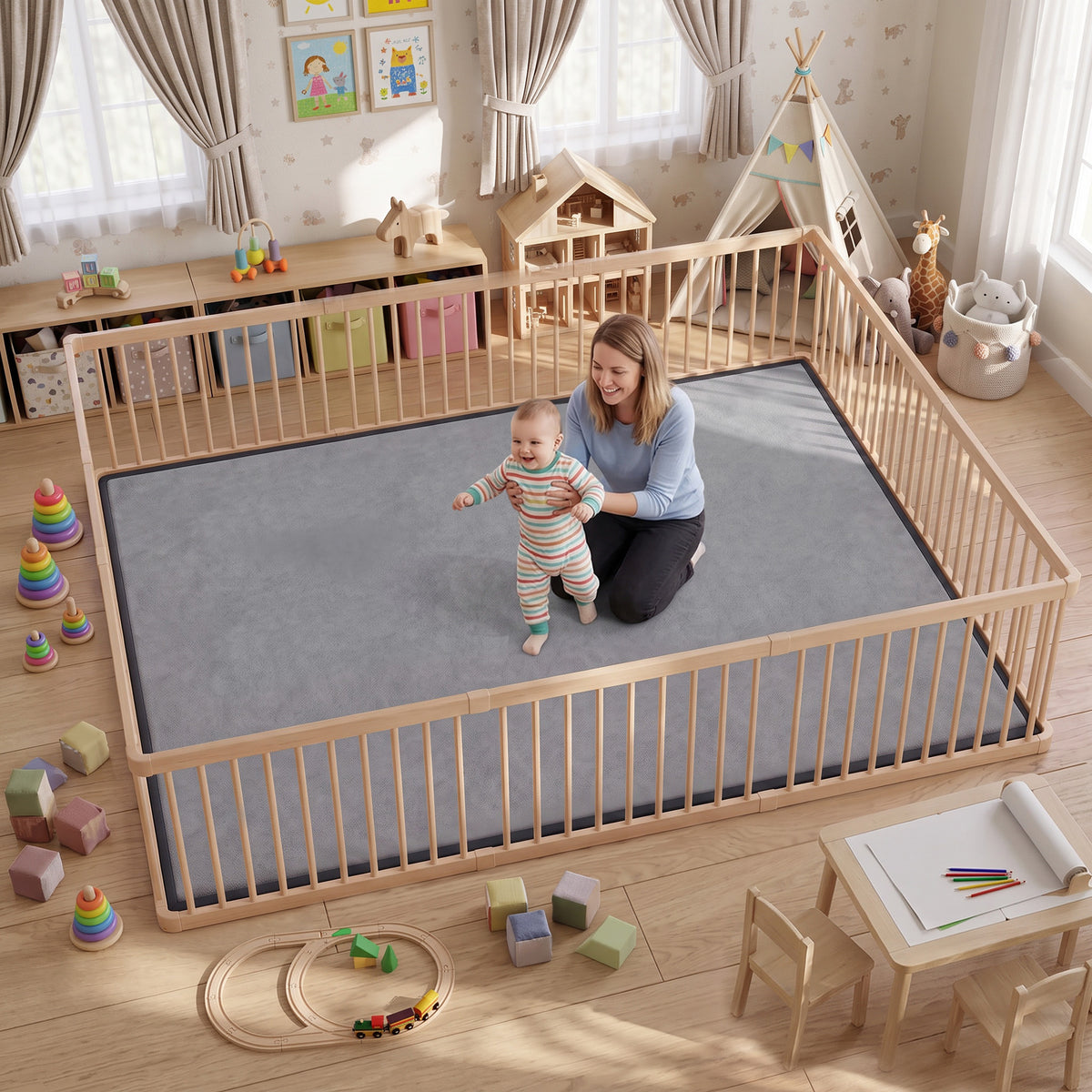 1.2" Thick Baby Play Mat, 110" x 79" Playpen Mat, Non-Slip, Water-Resistant, Soft Flannel for Crawling, Dark Gray