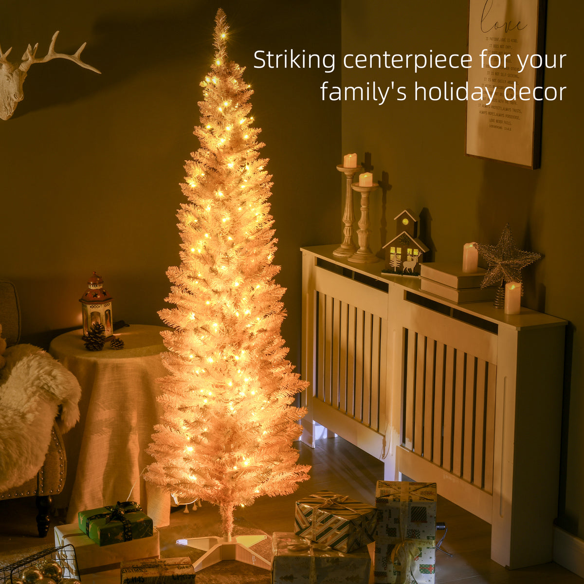 6ft Pencil Christmas Tree, Slim Artificial Christmas Tree with Realistic Branches and Warm White LED Lights, Pink