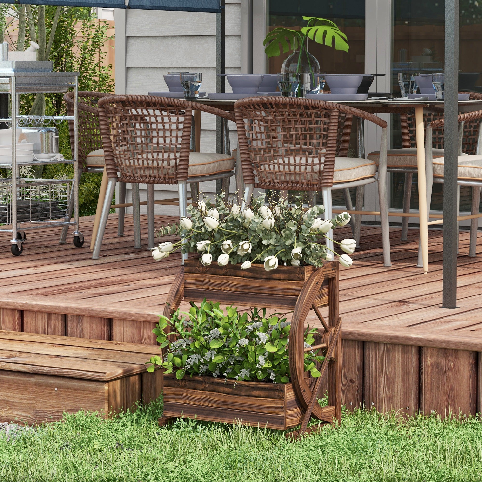 Wooden Wagon Planter Box, 2-Tier Raised Garden Bed, for Vegetables Flowers Herbs, 22" x 13" x 22" - Carbonized - Image 2