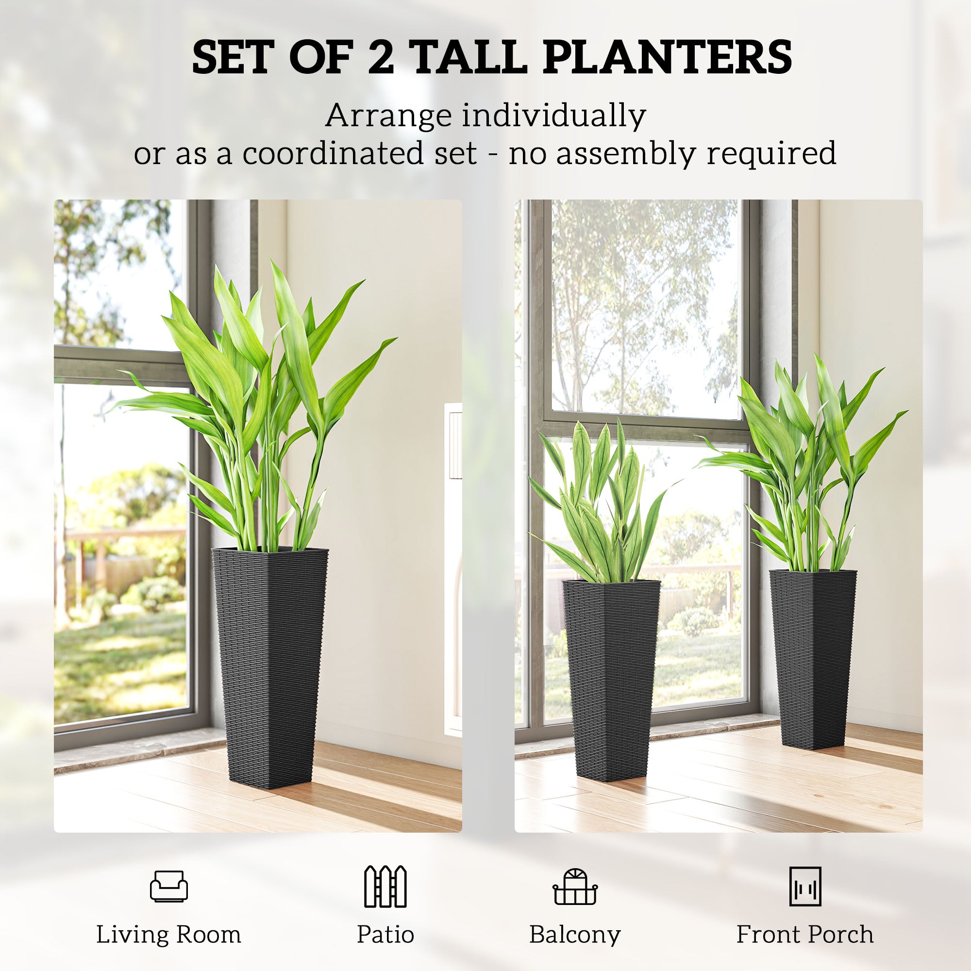 23.6 Inch Tall Planters for Outdoor Plants, Set of 2 Plastic Flower Pots with Drainage Holes, Black - Black - Image 4