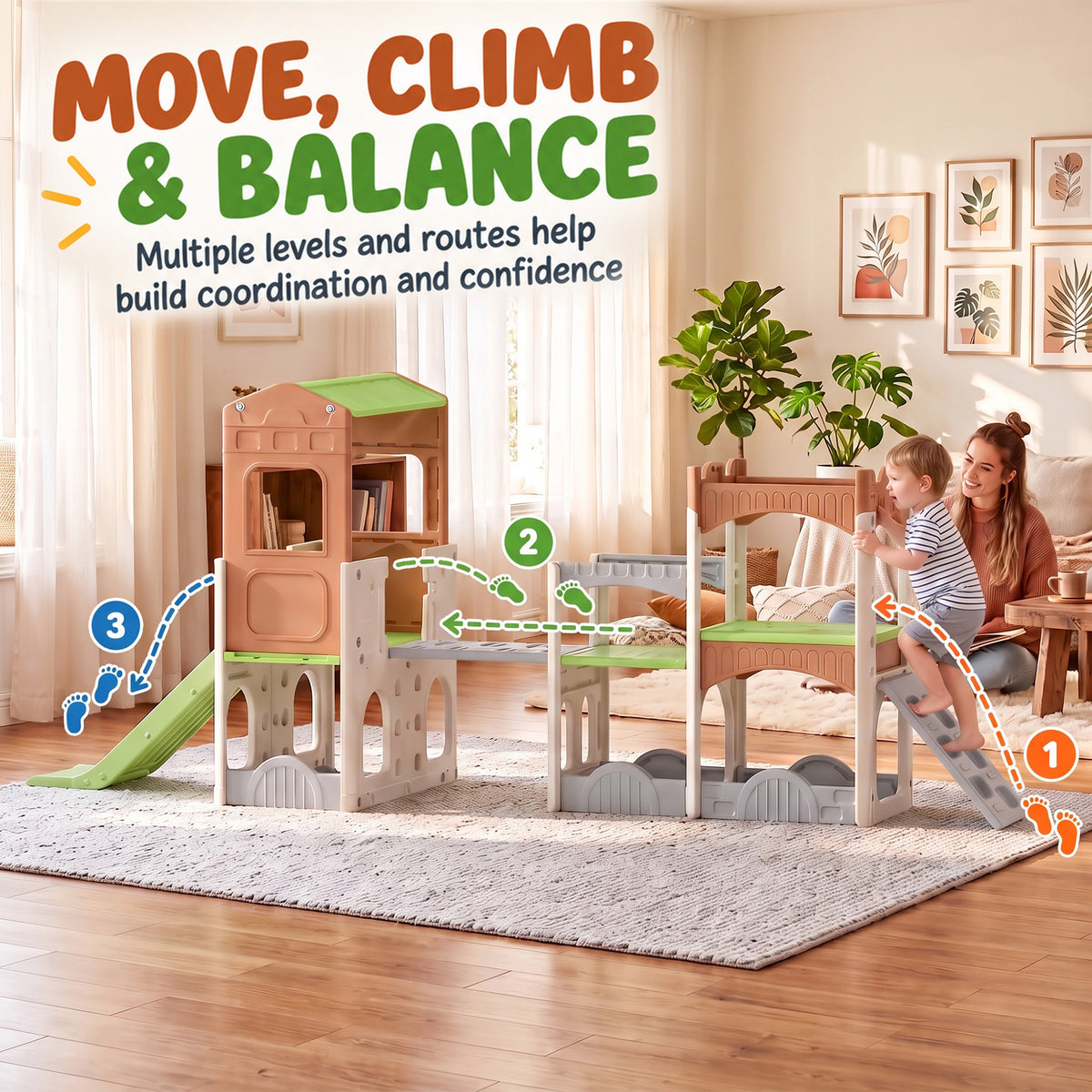 8 in 1 Toddler Slide Set with Balance Bridge, Playhouse, Climber, Storage, Indoor Playset Playground for 3-6 Years