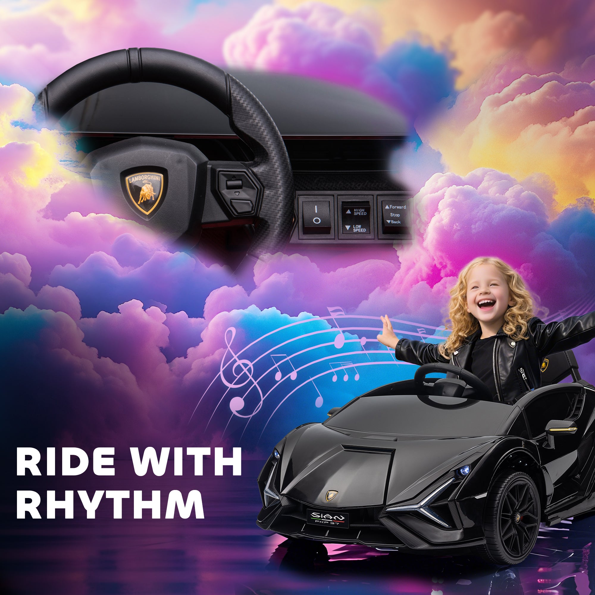 12V Lamborghini SIAN Licensed Electric Car for kids with Remote Control, Horn, Music, & Headlights, Black