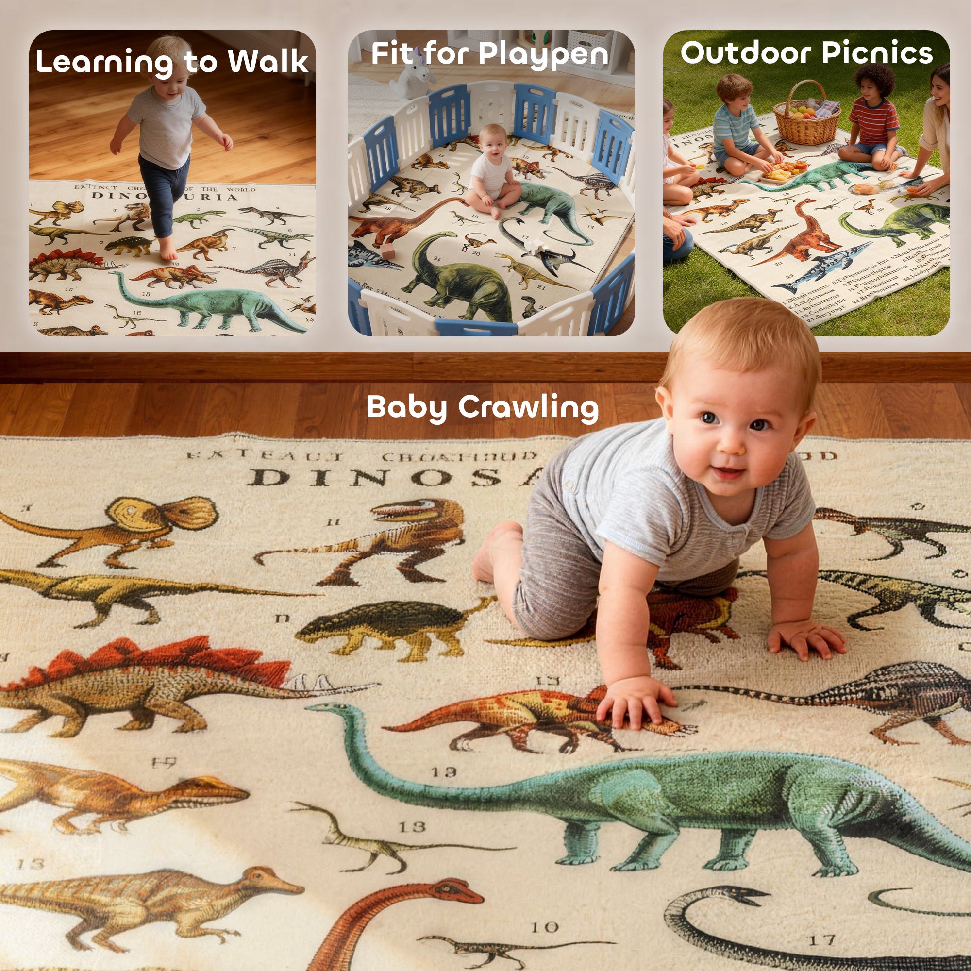 Large Play Mat 79" x 59", Crawling Mat for Toddlers, Living Room and Bedroom with Dinosaur Pattern, Khaki