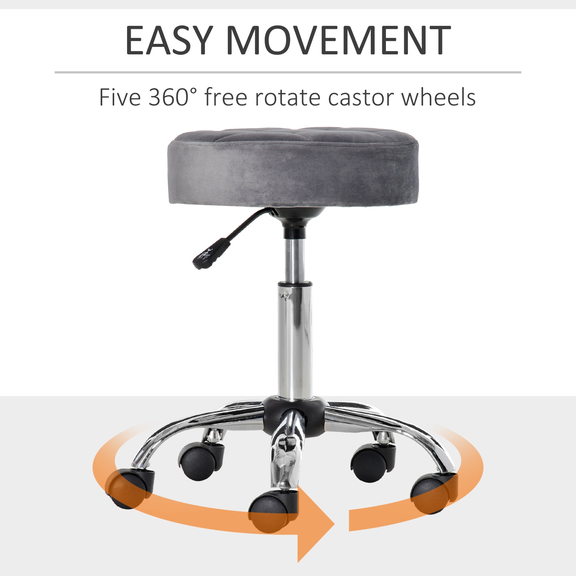 Round Rolling Stool with Height Adjustable Lift, Vanity Chair with Luxury Style Upholstery, Office Chair with Swivel Seat and Wheels for Work Spa Salon, Grey