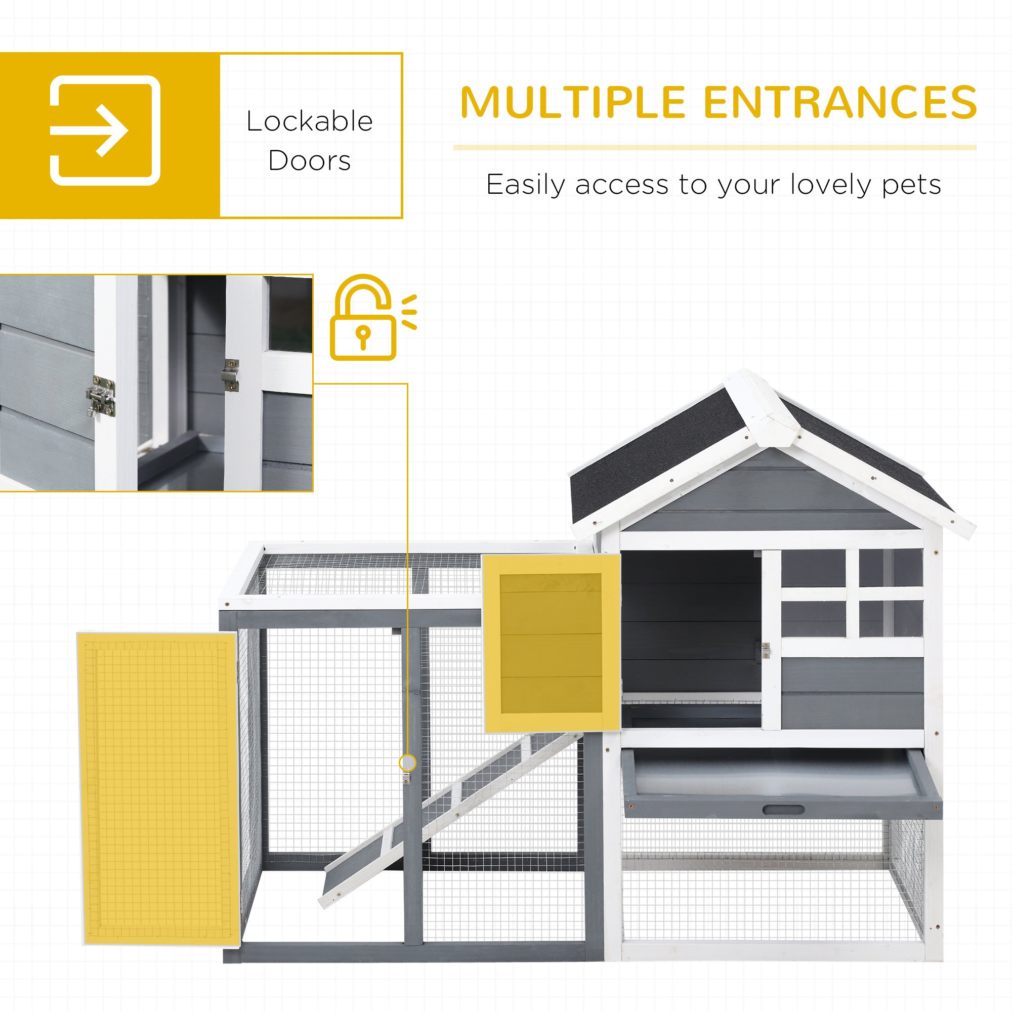 Indoor Rabbit Enclosure, 48" Weatherproof Wooden Rabbit Hutch, with Slanted Asphalt Roof & Fun Outdoor Run for Bunnies & Ferrets - Gray - Grey and White - Image 5