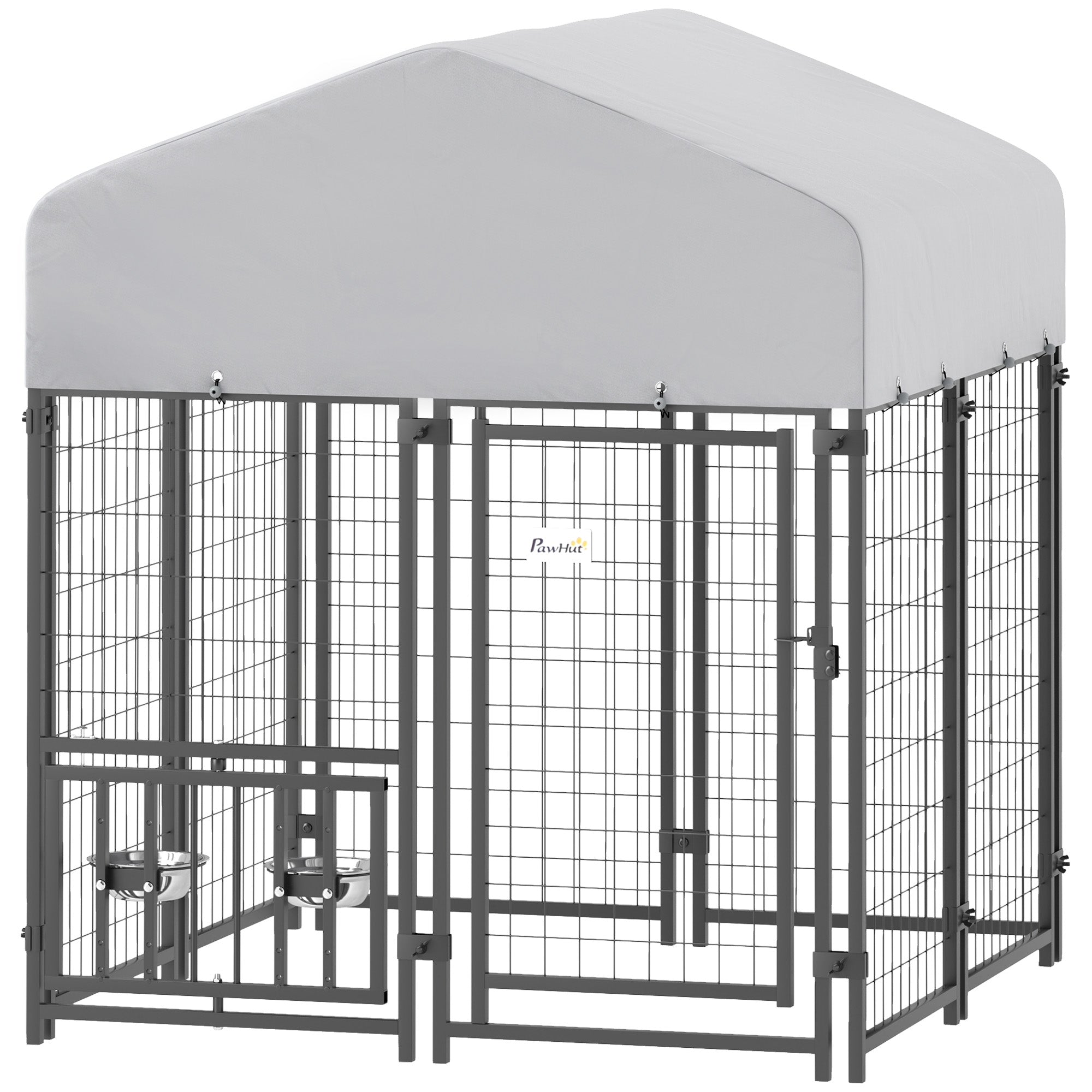 Welded Wire Outdoor Dog Kennel with 360° Rotating & 4 Levels Adjustable Bowls, Waterproof Cover, 3.9' x 3.9' x 4.5' - Silver