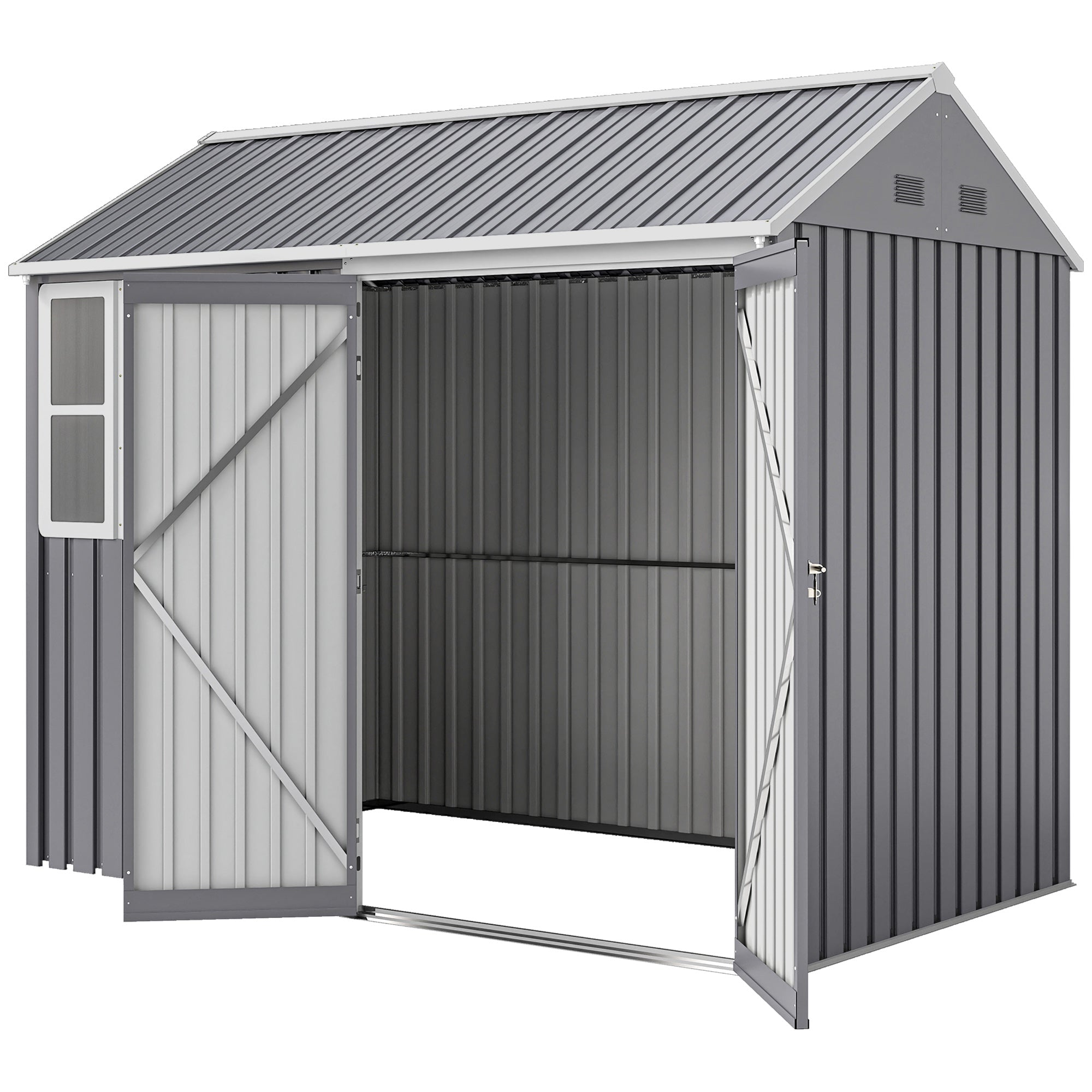 8' x 5.5' Metal Garden Storage Shed, Extra Large Outdoor Tool Storage House w/Lockable Doors, Window, Air Vents, Gray - Gray