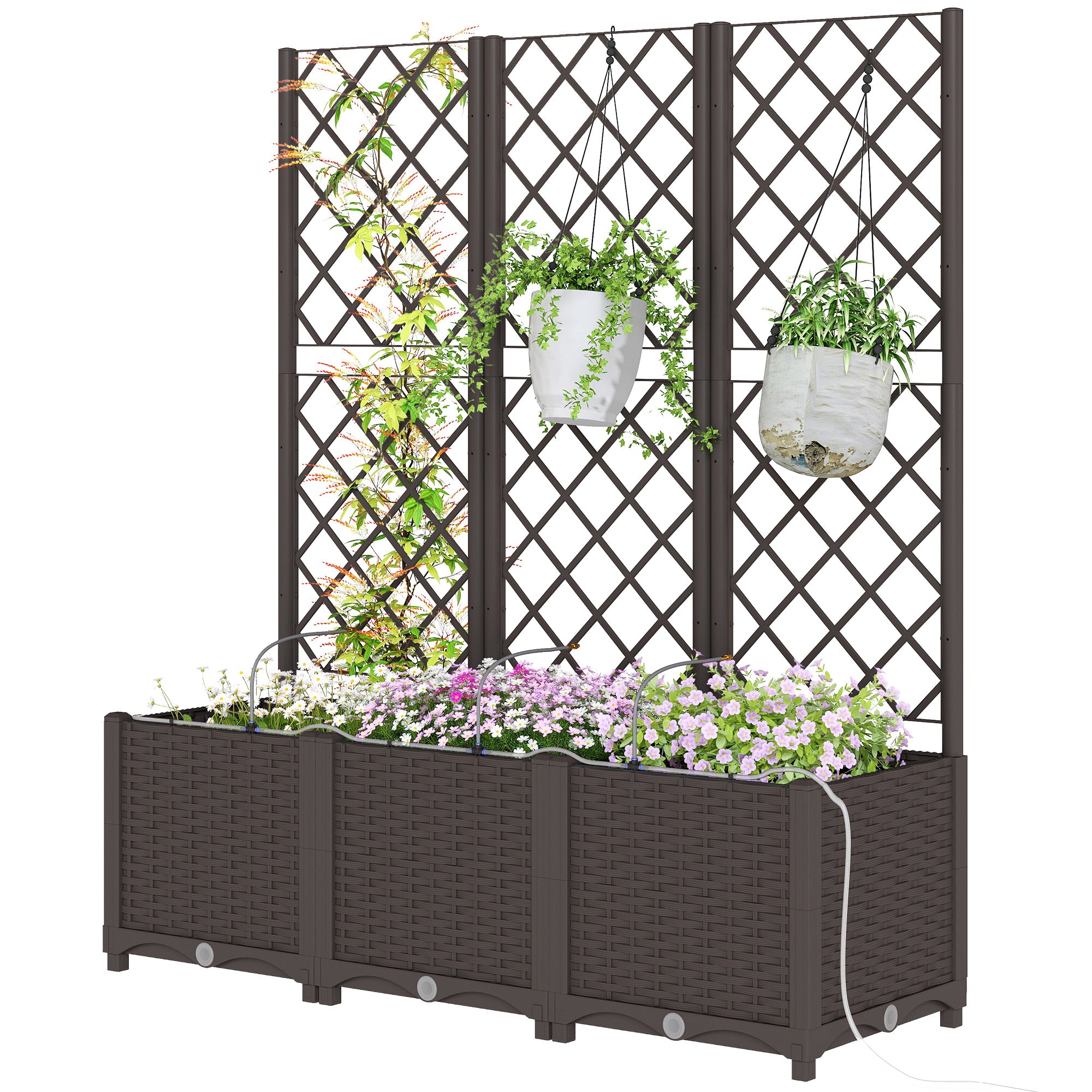 3PCS Plastic Planter Box with Trellis, Self-Watering Raised Garden Bed with Trellis and Automatic Watering Timer Kit - Brown