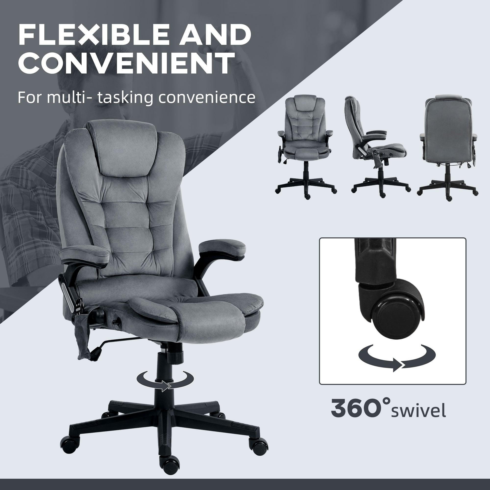 6 Point Executive Office Chair with Heat, Velvet High Back Vibrating Massage Office Chair, Dark Gray