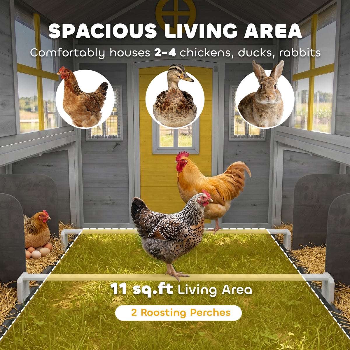 Wooden Chicken Coop, Hen House for 2-4 Hens, Outdoor Playhouse Poultry Cage with Nesting Boxes, Waterproof Roof, Windows