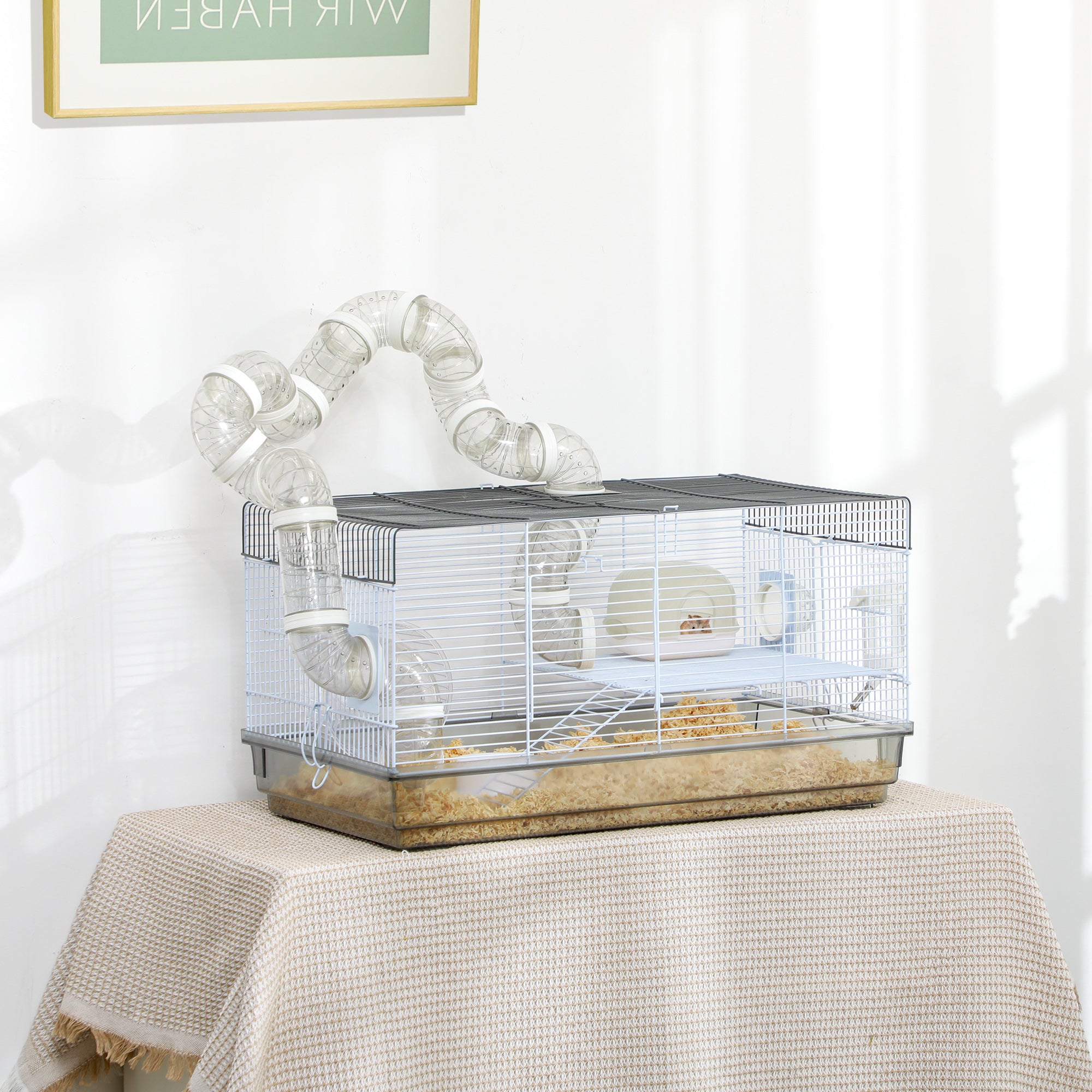 Small Animal Cage for Gerbil or Dwarf Hamster w/ Tubes, Exercise Wheel, Food Dish, Water Bottle, 23" x 13" x 12", Gray - Gray - Image 2