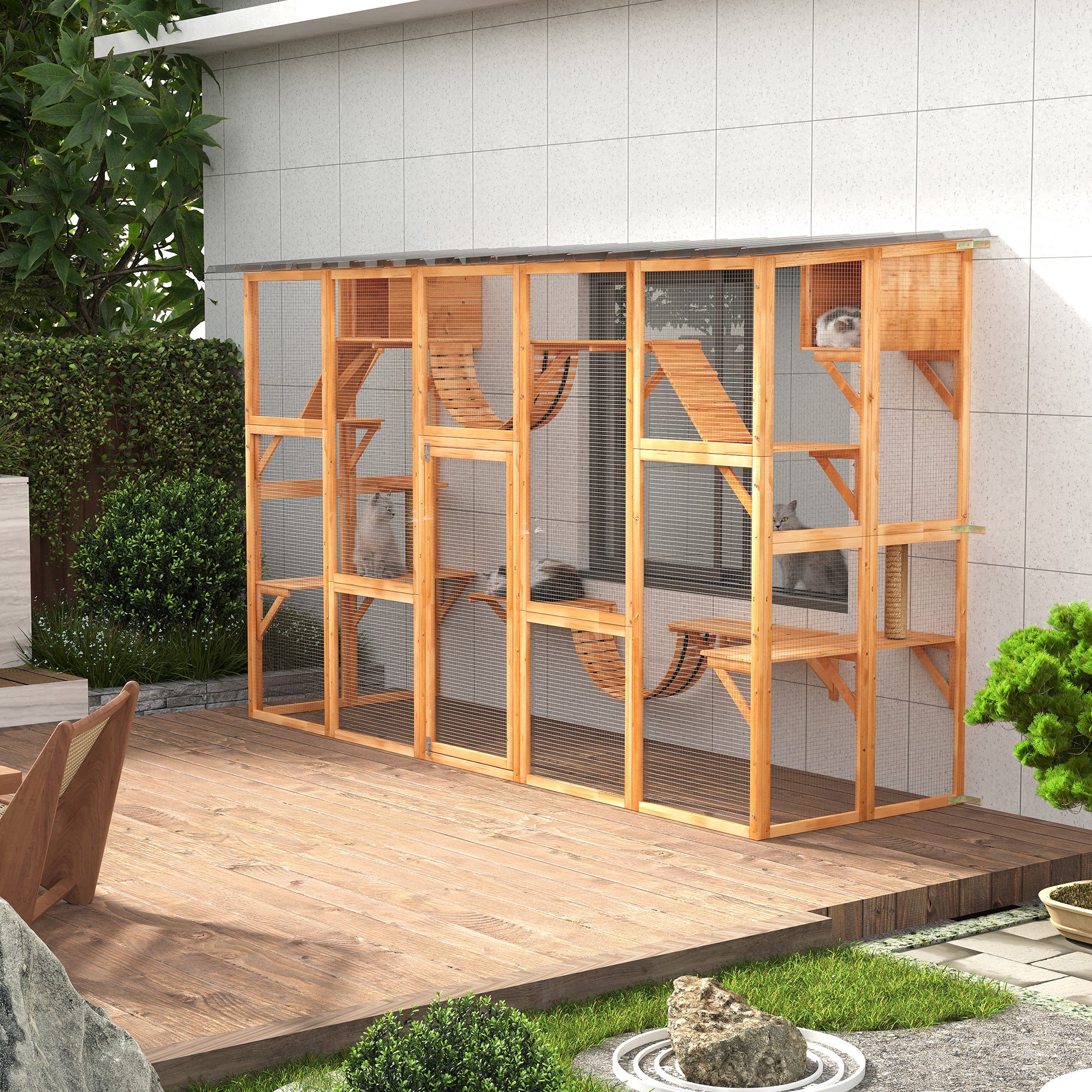 Large Catio with Multiple Shelves & Bridges, Catio with Ramps, Cat Window Box Enclosure for Outdoor Use, Orange - Orange - Image 2