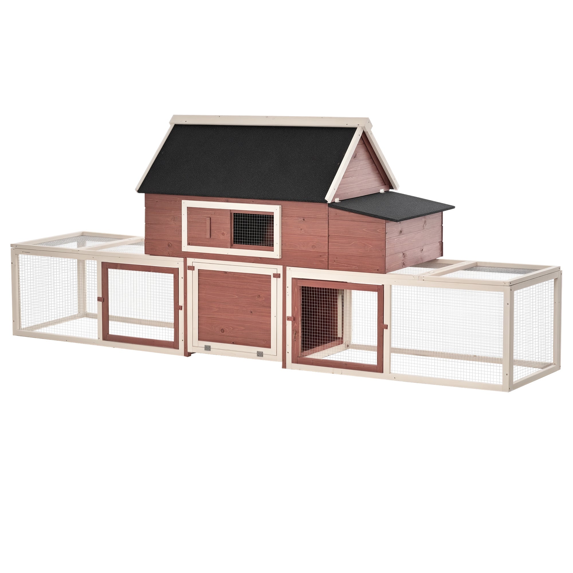 Wooden Chicken Coop, Outdoor Chicken Cage Poultry Hen House with Nesting Box, Double Runs, Asphalt Roof, Ramp - Reddish Brown and White