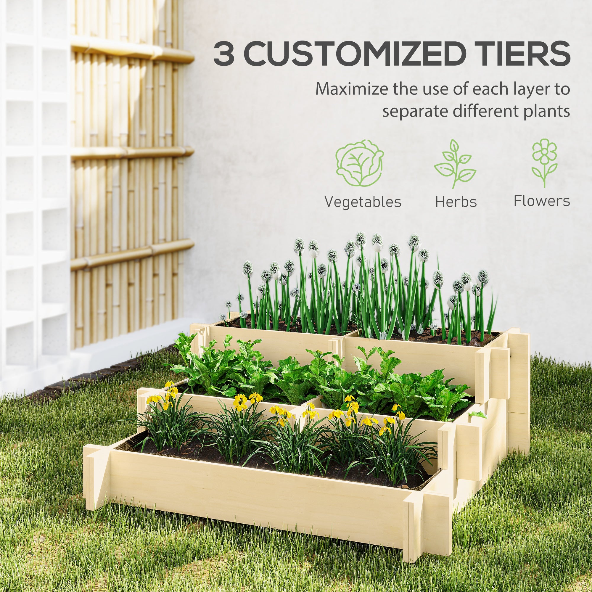 3 Tier Raised Garden Bed, Water Draining Fabric for Soil, Elevated Wood Flower Box for Vegetables, Herbs, Natural - Natural Wood - Image 4