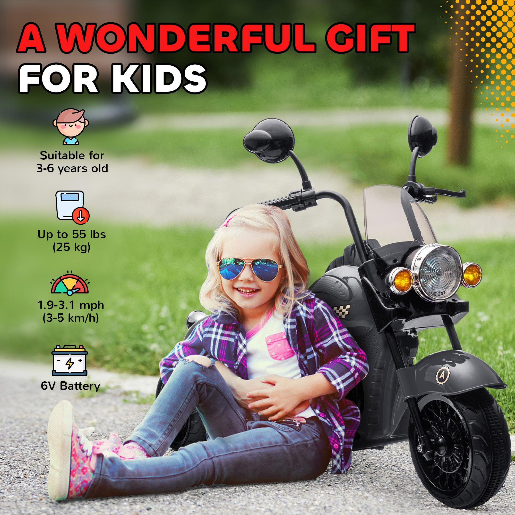 6V 3 Wheel Electric Motorcycle for Kids, Battery Powered Motorbike w/ Headlights, Music, Forward & Reverse, Gray