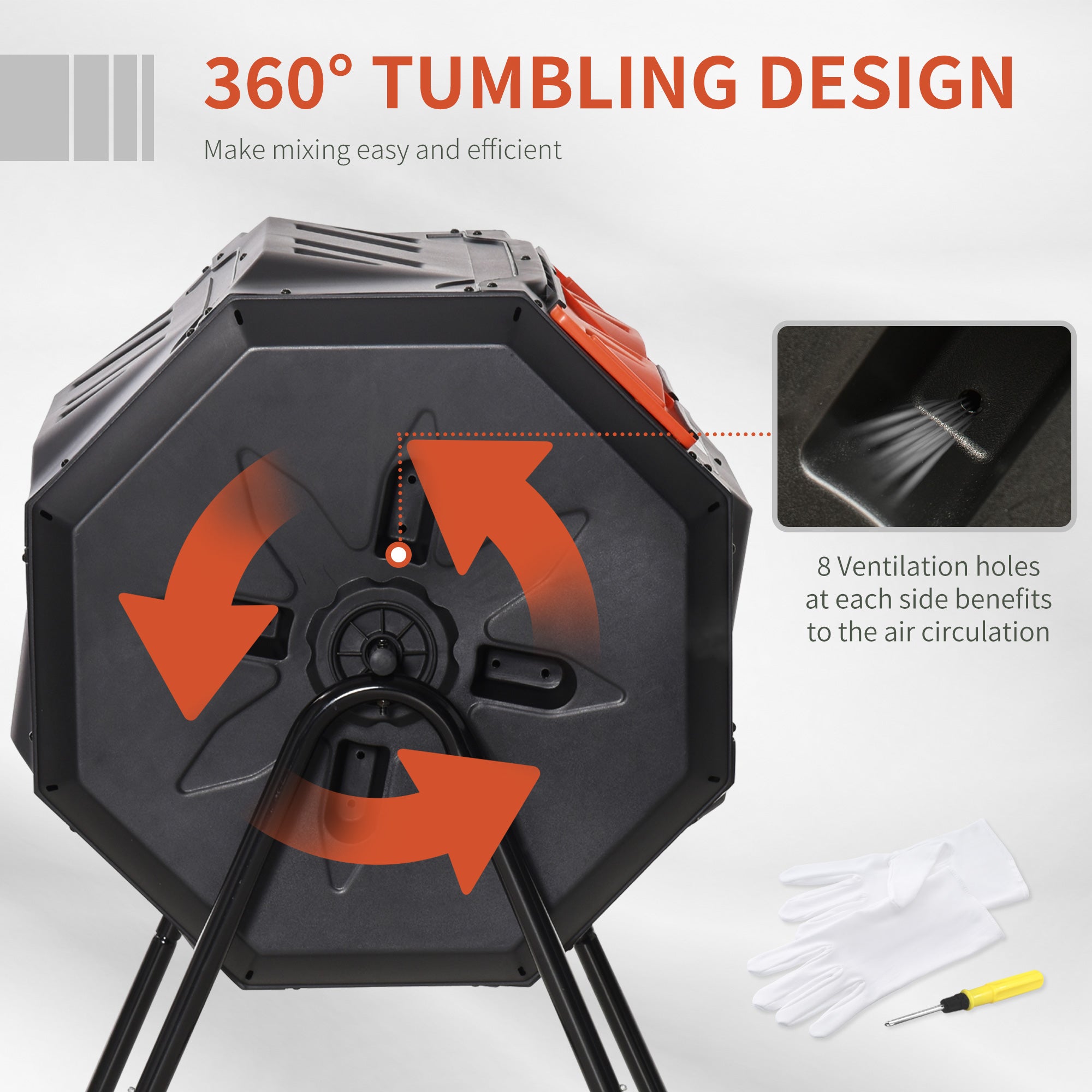 Tumbling Compost Bin Outdoor 360° Dual Chamber Rotating Composter 43 Gallon, Orange - Orange - Image 5
