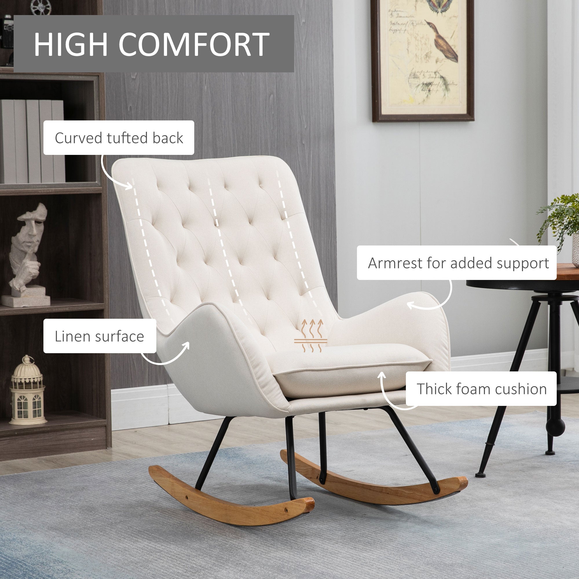 Mid-Century Fabric Rocking Chair Sofa Armchair Tufted Rocker Wingback Accent Chair with Padded Seat, Rubber Wood Base for Home Studio, Bedroom, Living Room, Cream White