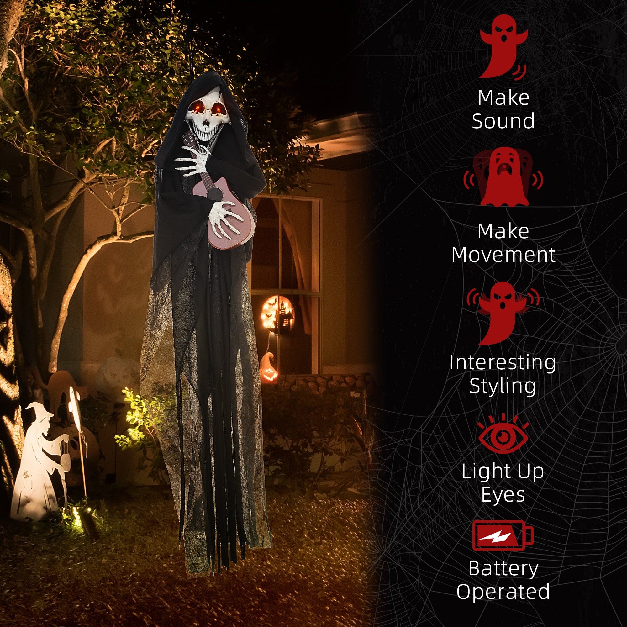 Guitar-Playing Grim Reaper Outdoor Halloween Decoration Animatronic