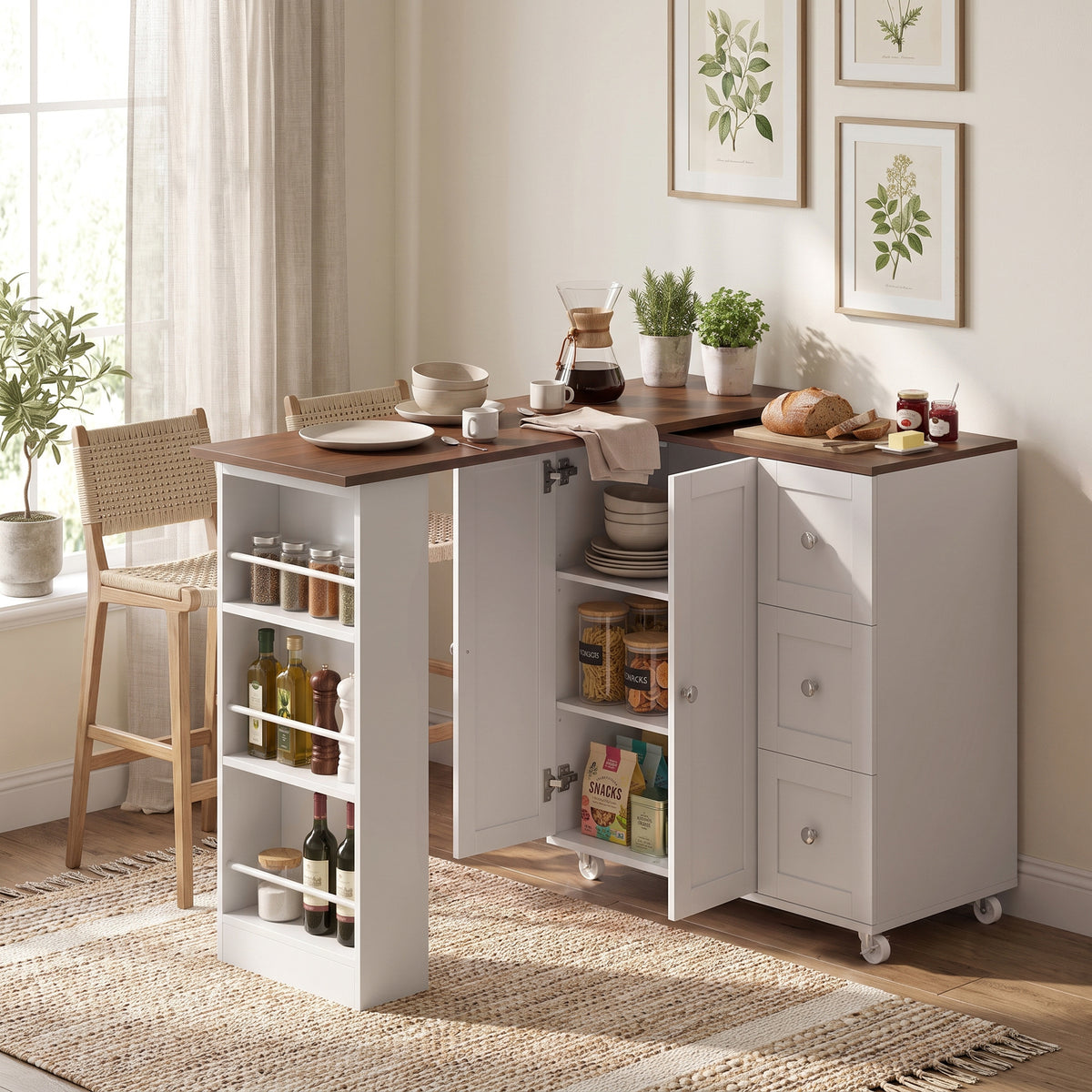 Bar Table with Storage Counter Height Table 3 Drawers Side Shelves, Walnut and White