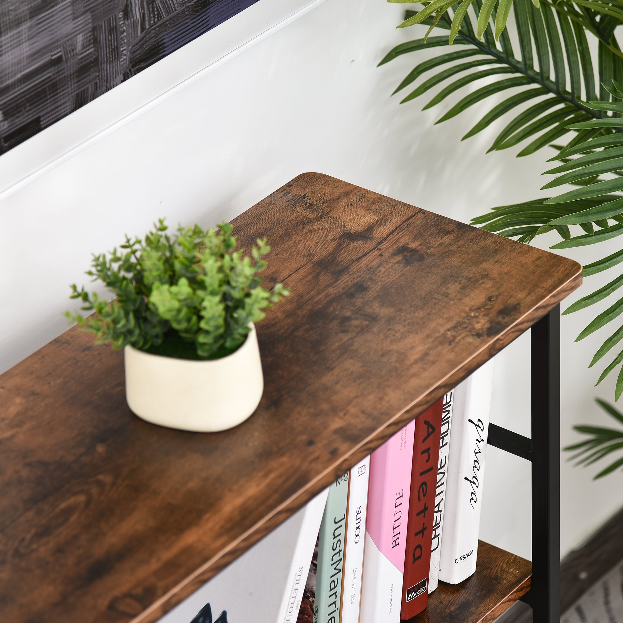 3-Tier Console Table Industrial Style Storage Metal Wooden Shelf with a Robust Multi-Functional Design & Adjustable Feet, Black