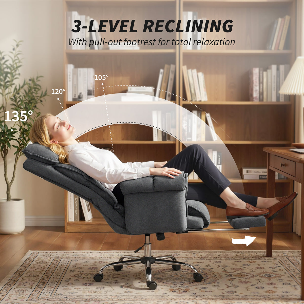 Executive Office Chair, Reclining Computer Chair with Footrest, High Back, Headrest, Adjustable Height, Dark Gray