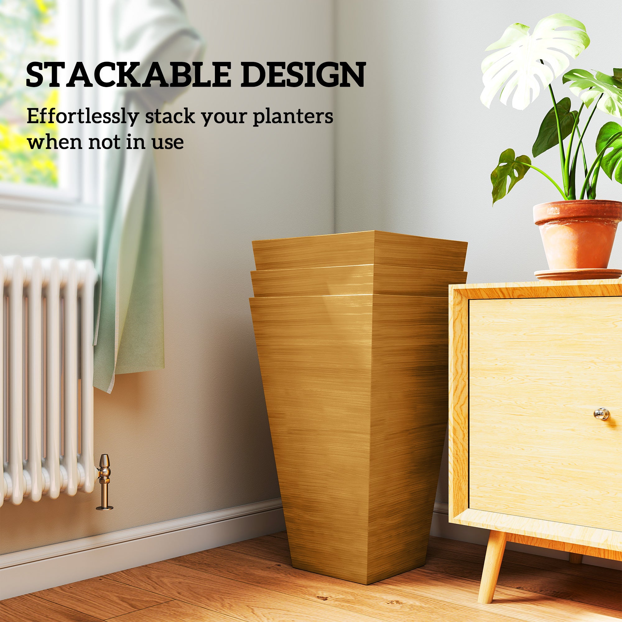 Set of 3 Tall Planters, 28" Outdoor Planter w/ Drainage Holes, Faux Wood Plastic Flower Pots, Light Brown - Brown - Image 7