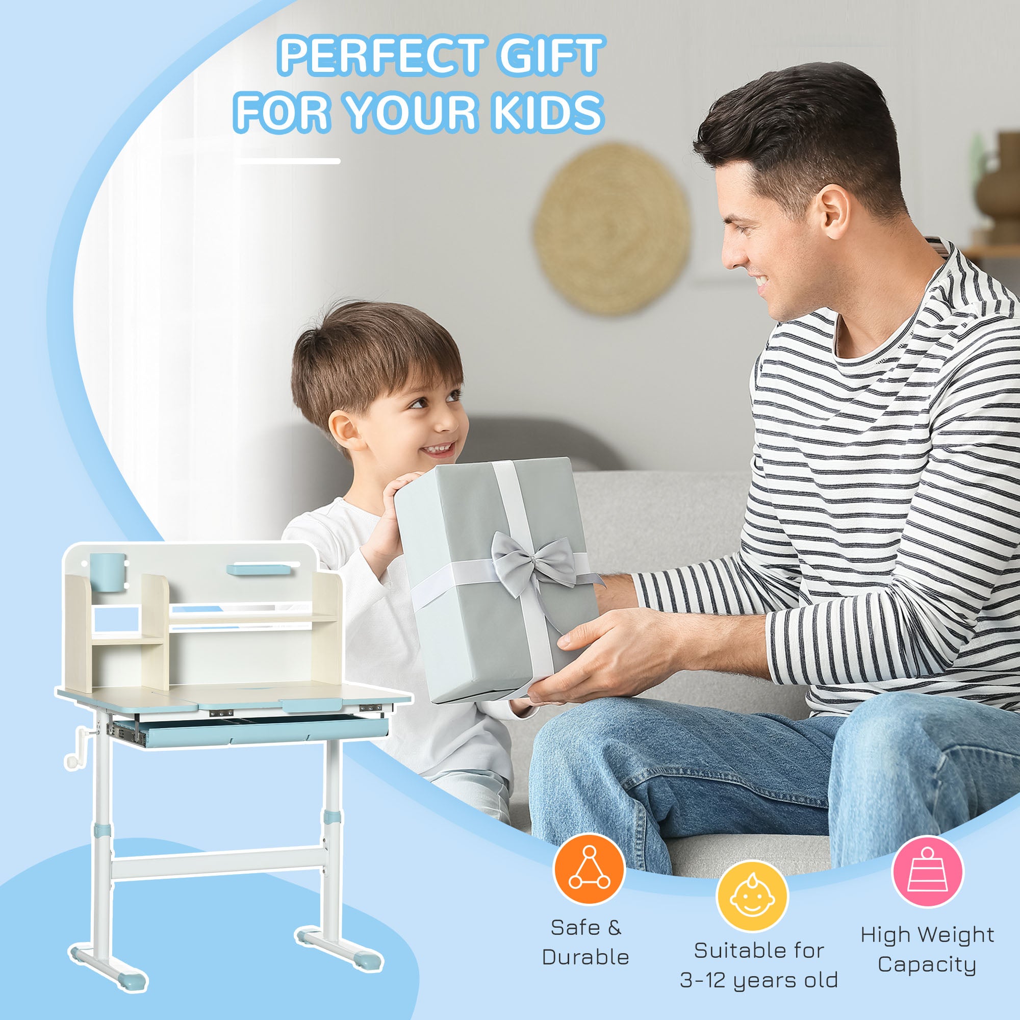 Wooden Kids Study Desk, Height Adjustable Children School Study Table, Student Writing Desk with Tilt Desktop, Drawer, Storage Shelf, Pen Holder, Blue