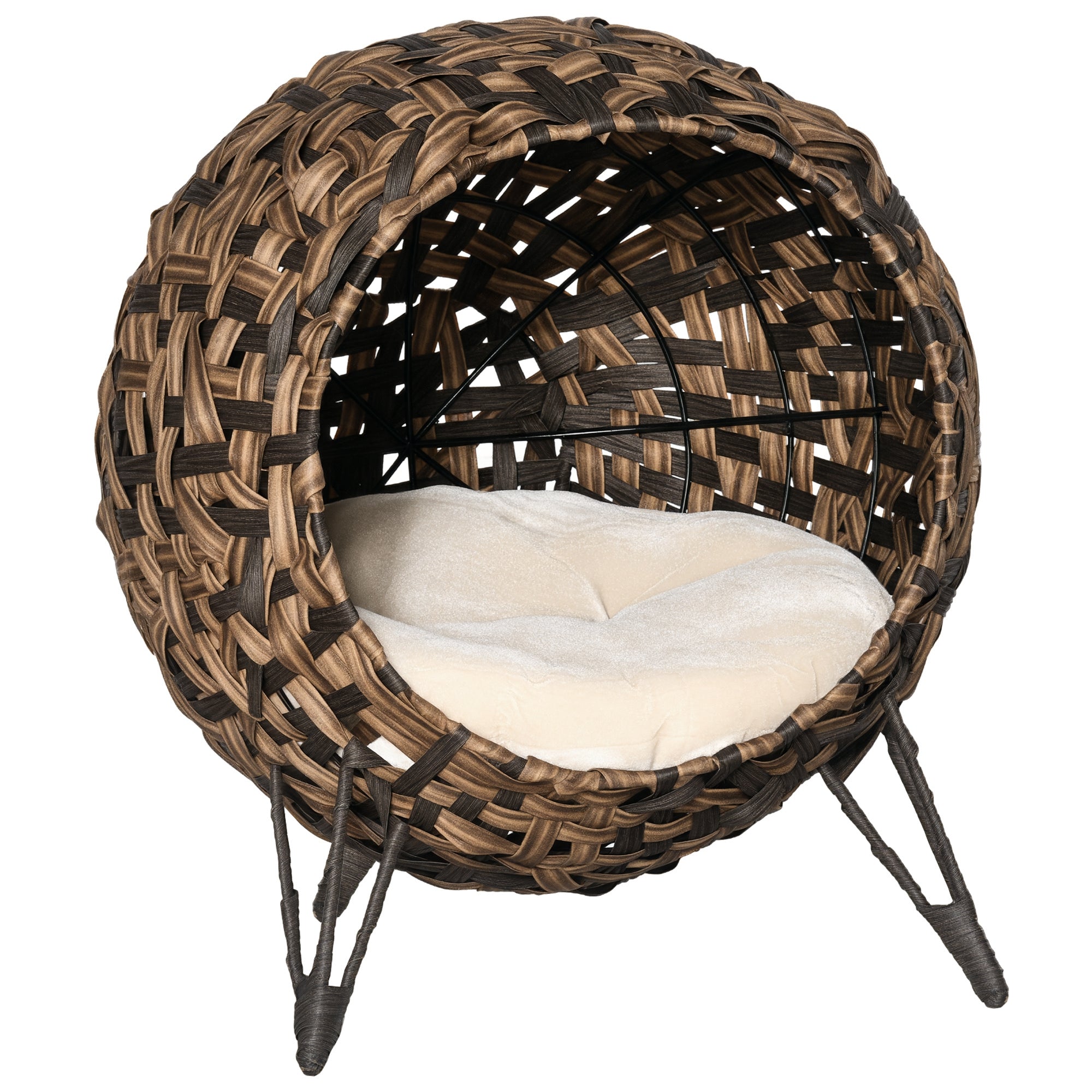 20.5" Weaved Cat Bed, Elevated Hand-woven Braided Banana Leaf Kitten House Condo with Cushion, Brown - Brown